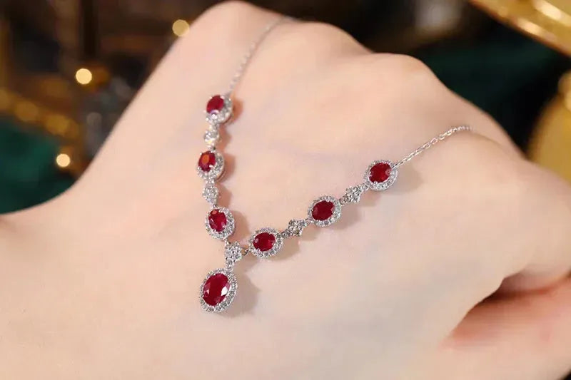 18K White Gold Ruby and Diamond Necklace for Women | Luxury Natural Gemstone Jewelry | Perfect for Senior Banquets, Weddings & Special Occasions