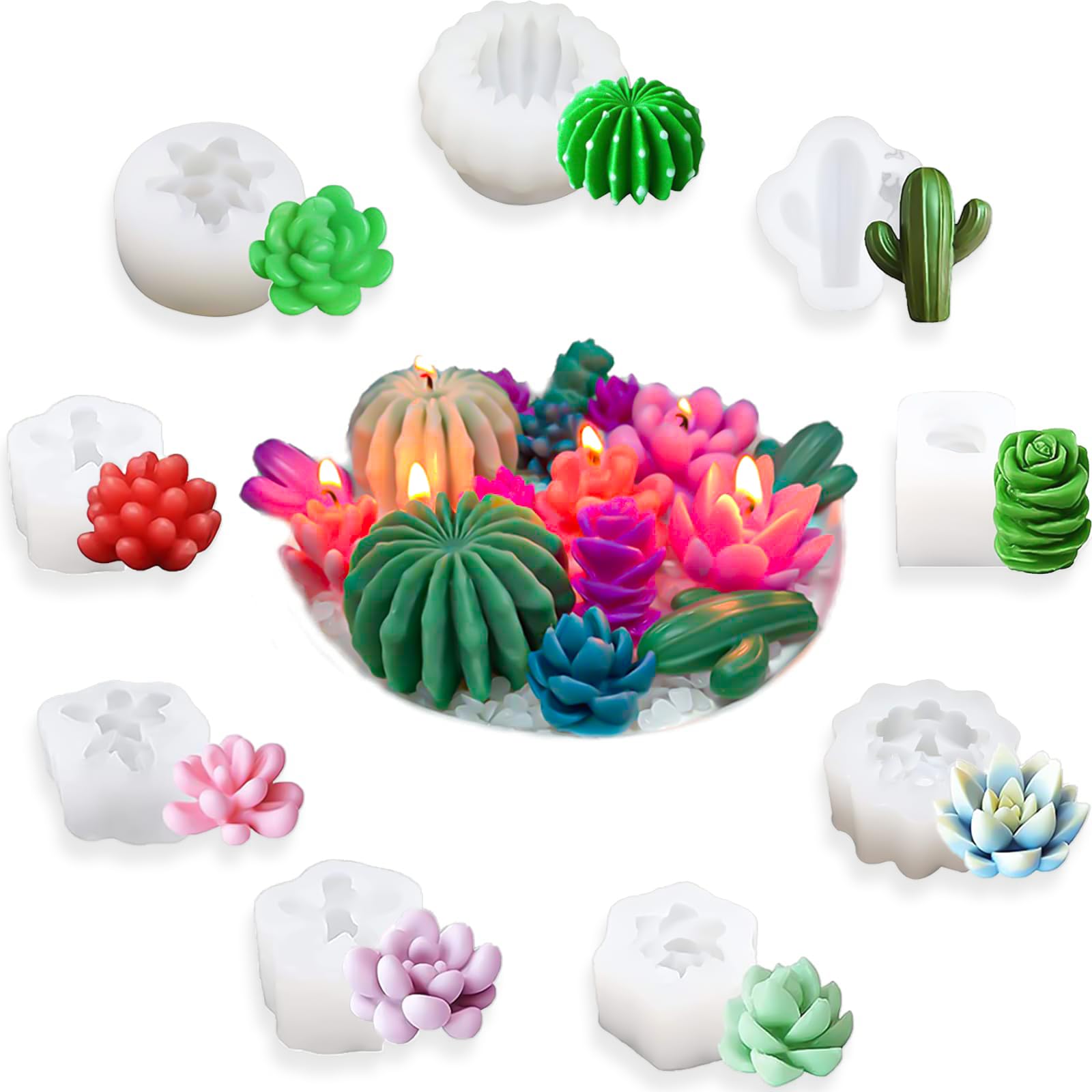 MEIXINZHI 9 Pack 3D Silicone Candle Molds - Flower & Cactus Wax Molds for DIY Scented Candles, Soap Making, Resin Crafts, Cake Decorations | Perfect for Home Decor, Wedding Centerpieces & Gift Making