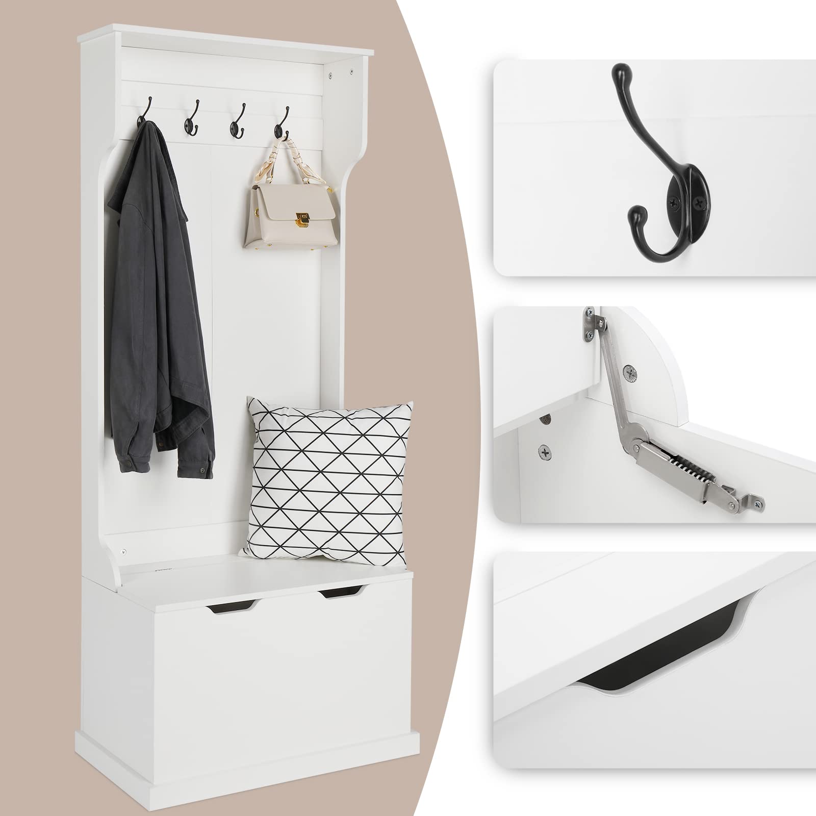 Karl Home 3-in-1 Hall Tree with Storage Bench - Freestanding Coat Rack with 4 Hooks & Flip Cover Seat - Space Saving Entryway Organizer for Bedroom, Hallway & Living Room (67