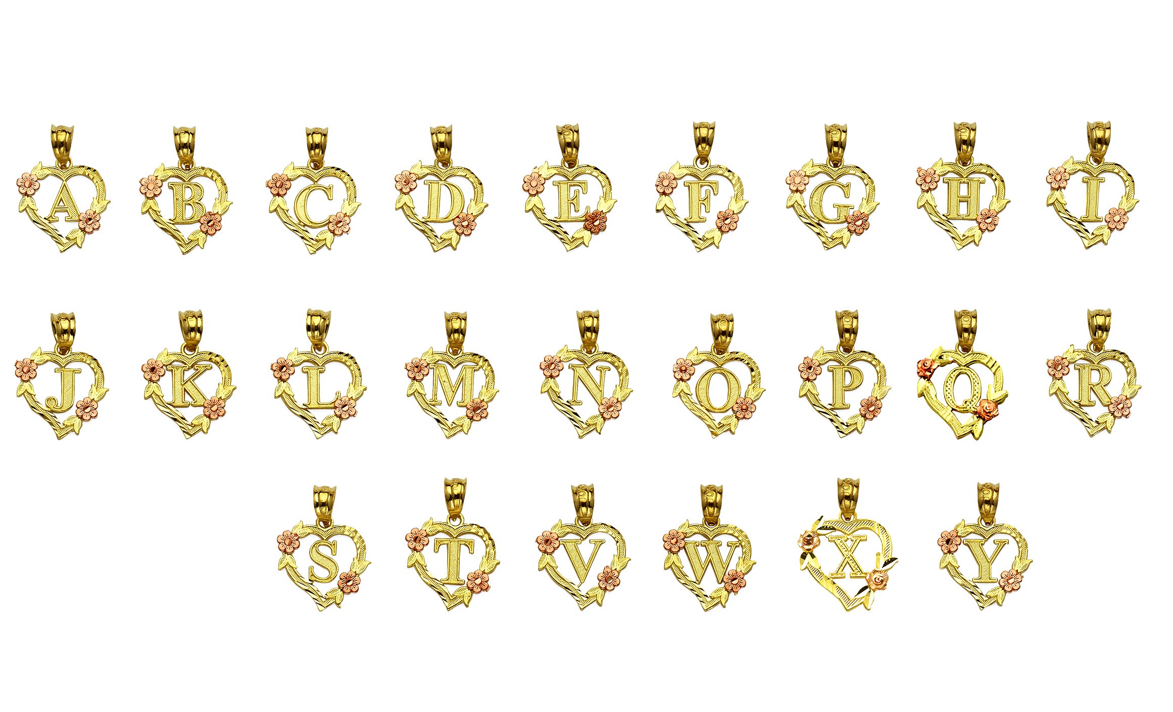 10K Yellow Gold Alphabet Initial Charm Necklace Pendant with Heart & Rose Border - Personalized Jewelry Gift for Women, Birthday, Anniversary, Valentine's Day