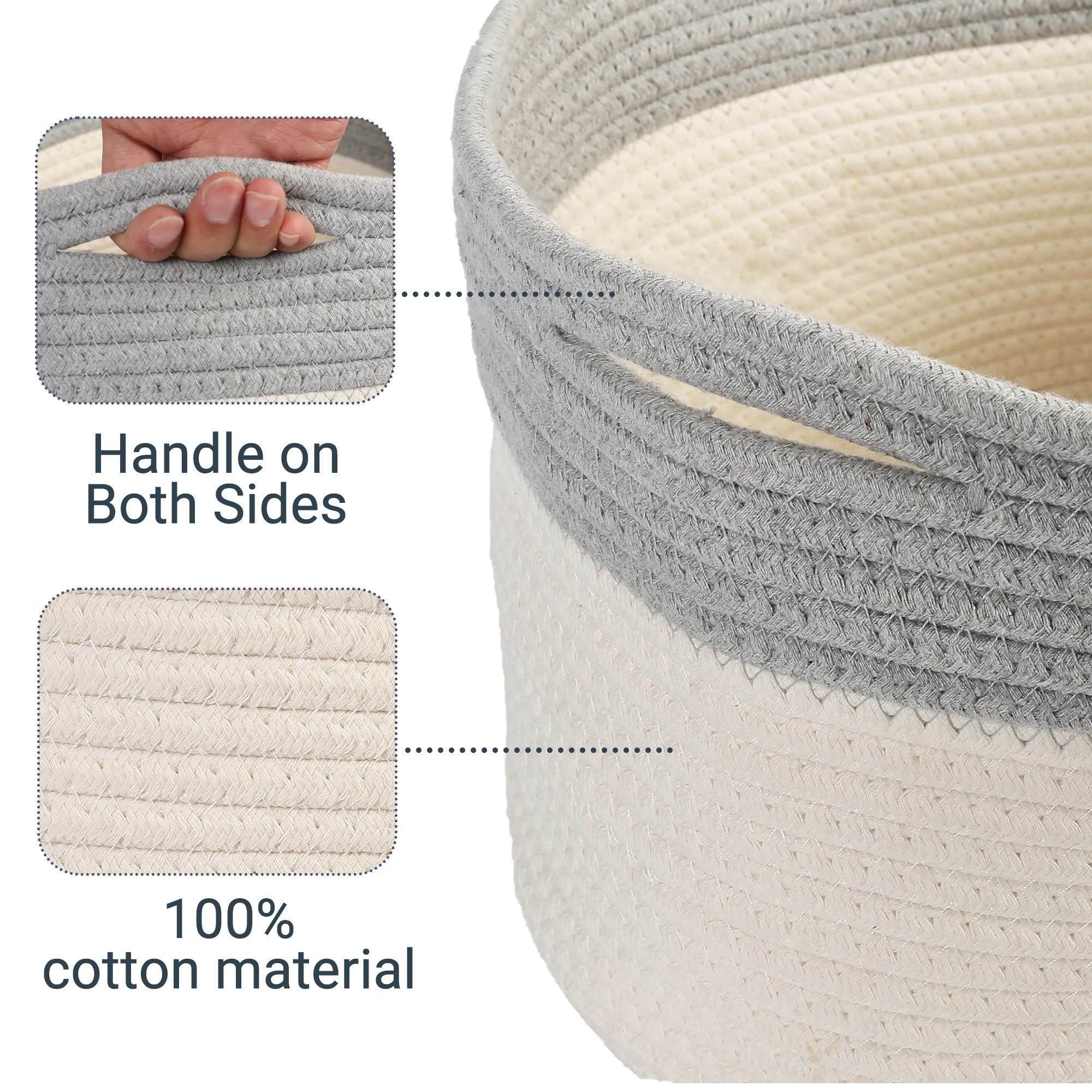 PrimePets Cotton Rope Dog Toy Basket - Small Woven Storage Bin with Handles for Dog Toys (15x10x9 inches) - White and Grey Pet Organizer for Living Room, Bedroom & Pet Play Areas