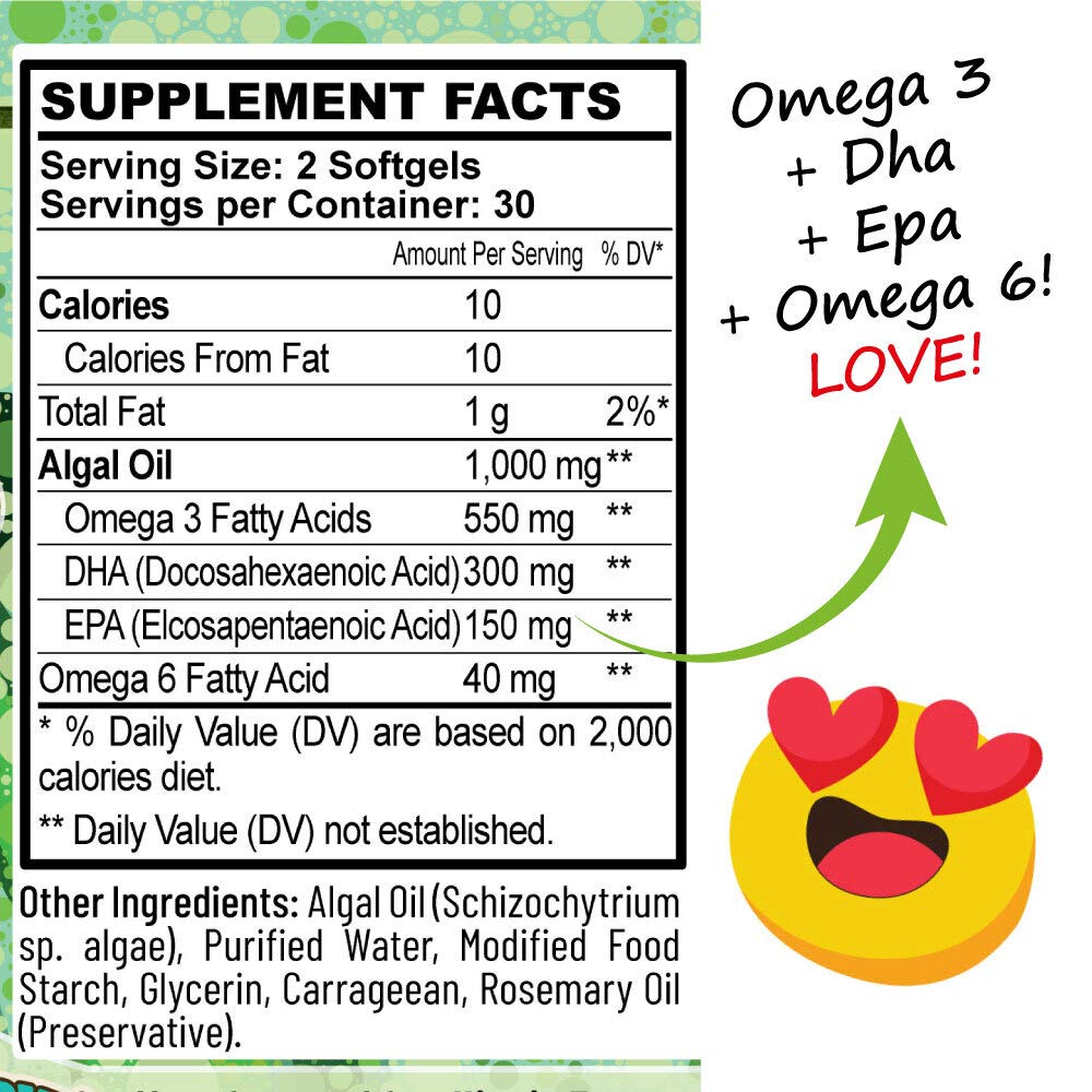 Premium Vegan Omega-3 Algae Oil Supplement with DHA & EPA - Plant-Based Fish-Free Alternative for Heart, Brain & Eye Health - Ideal for Vegetarians, Pregnant Women & Active Lifestyles