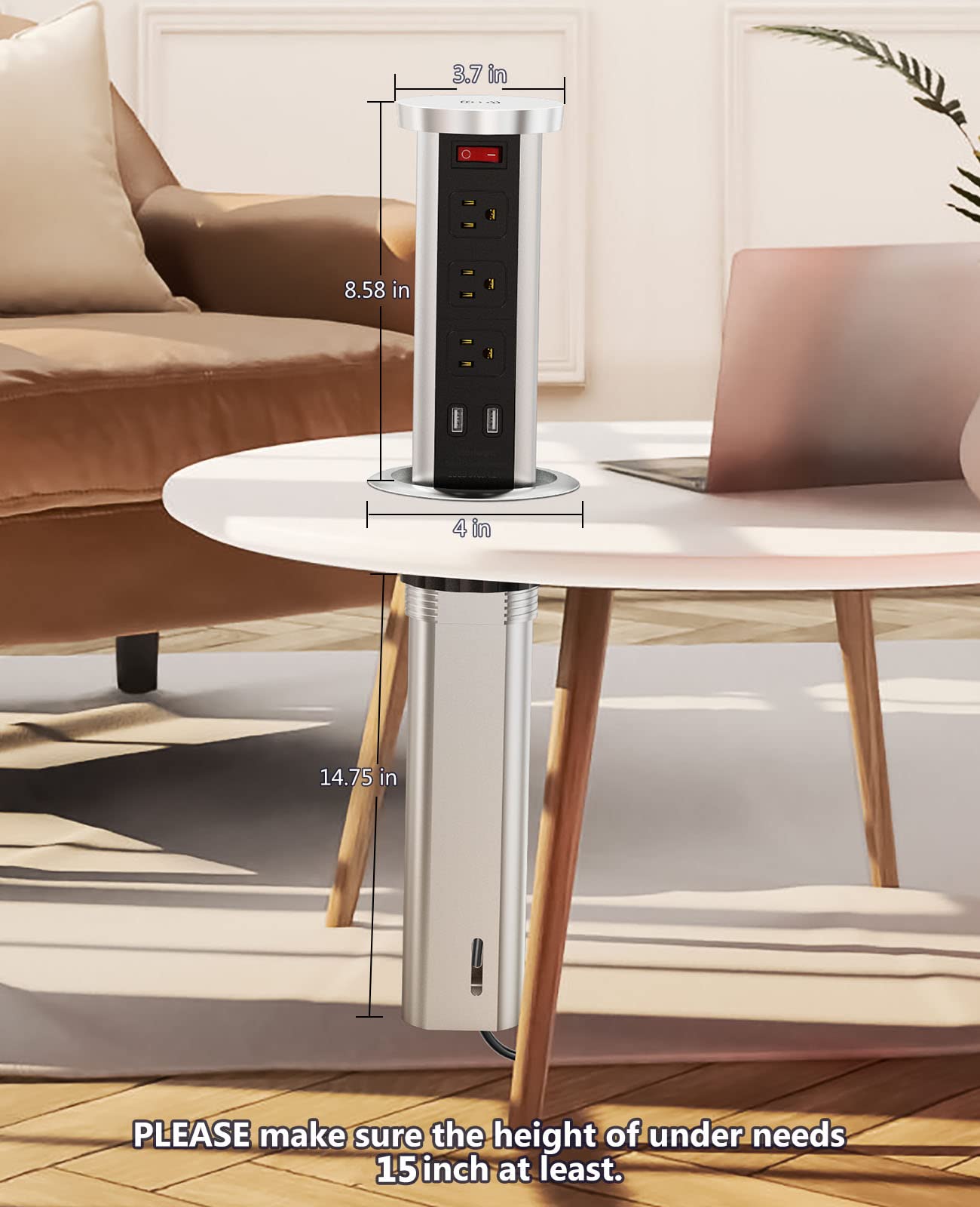 Pop Up Outlet Wireless Charger with 3 AC Outlets & 2 USB Ports - Automatic Recessed Power Outlet for Kitchen Countertop, Office Desk & Conference Room - Black | Space-Saving Charging Solution for Home & Work