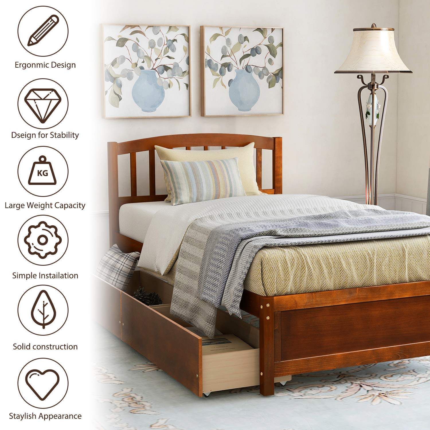 Harper & Bright Designs Twin Storage Bed Frame with 2 Drawers & Headboard - Solid Wood Platform Bed in Walnut Finish - Perfect for Kids' Room, Guest Bedroom & Small Space Organization