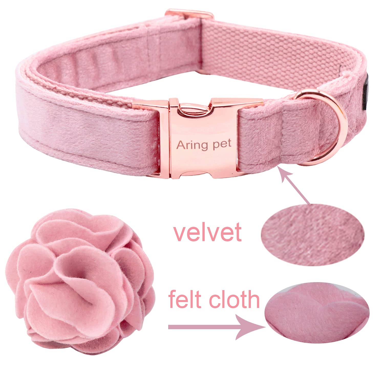 ARING PET Velvet Dog Collar with Detachable Felt Flower - Adjustable Soft Pink Dog Collar for Small Medium Large Dogs - Perfect for Daily Walks, Pet Photos & Special Occasions