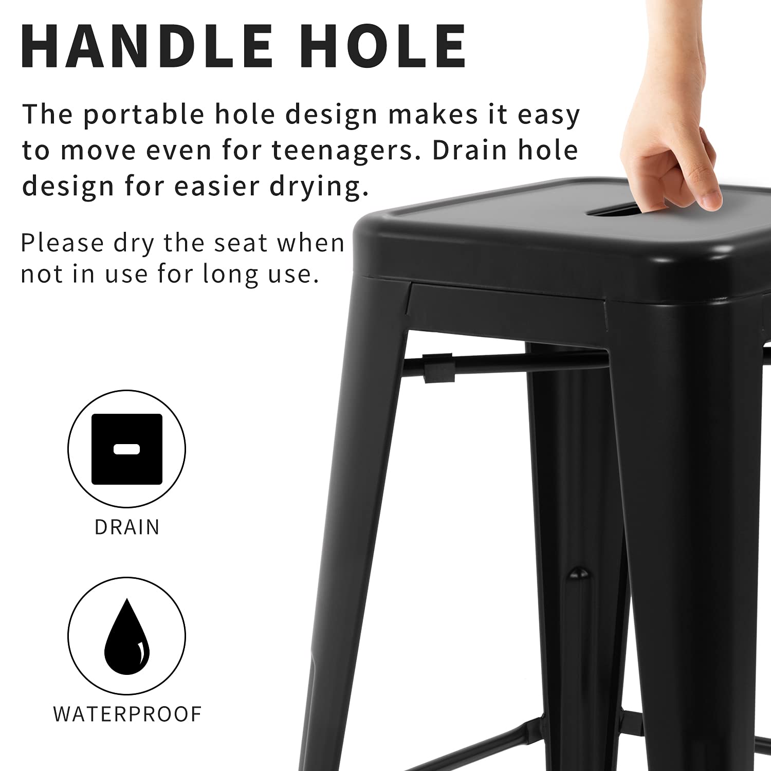 HCY 24 Inch Metal Dining Chairs Set of 4 - Stackable Bar Stools for Kitchen, Patio, Indoor & Outdoor Use - Durable Black Metal Chairs for Restaurant, Cafe, Bistro and Home Decor