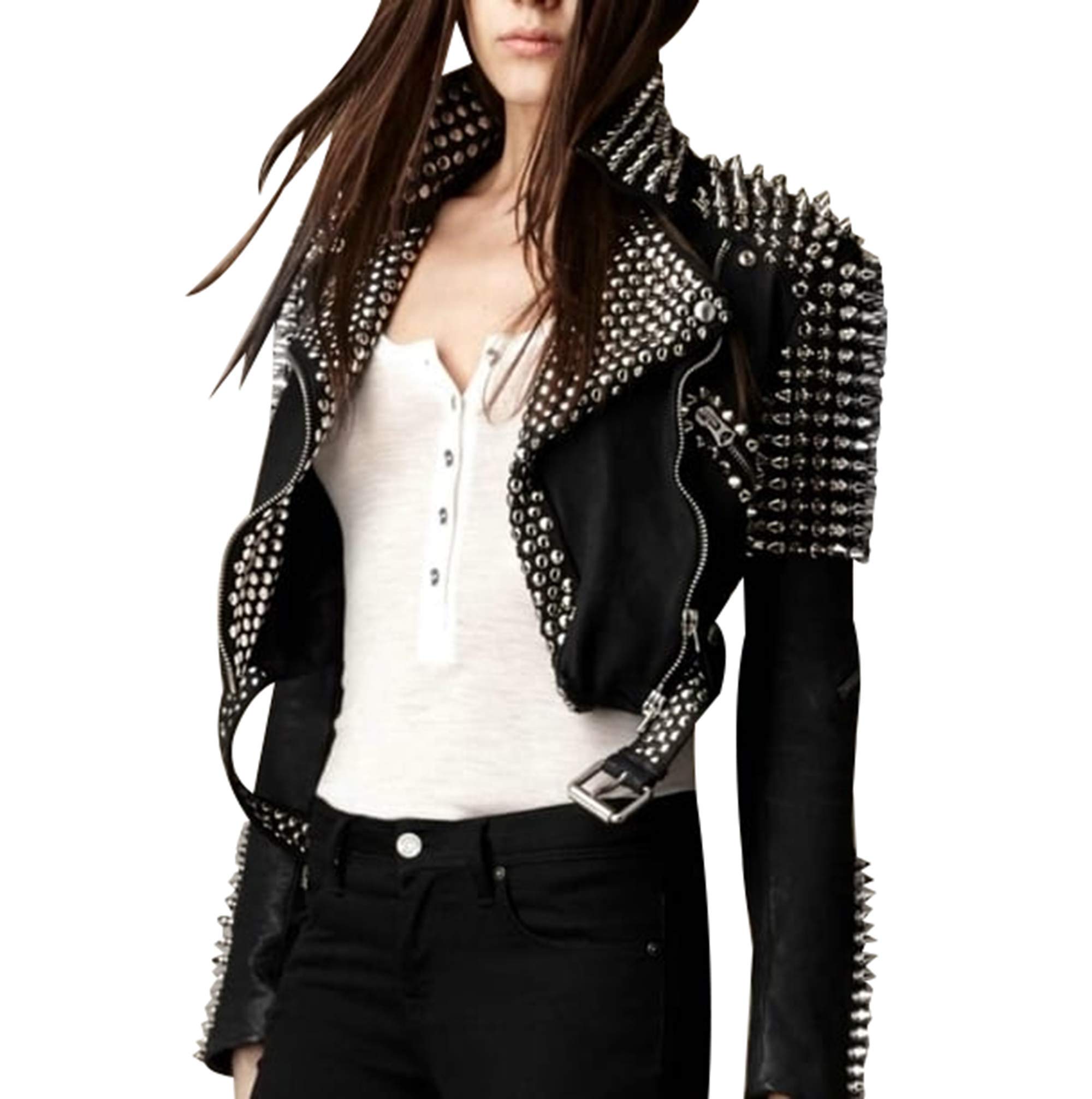 Women's Pink Spikes Leather Jacket - Brando Studded Punk Rock Motorcycle Biker Jacket for Women | Perfect for Concerts, Night Out & Riding