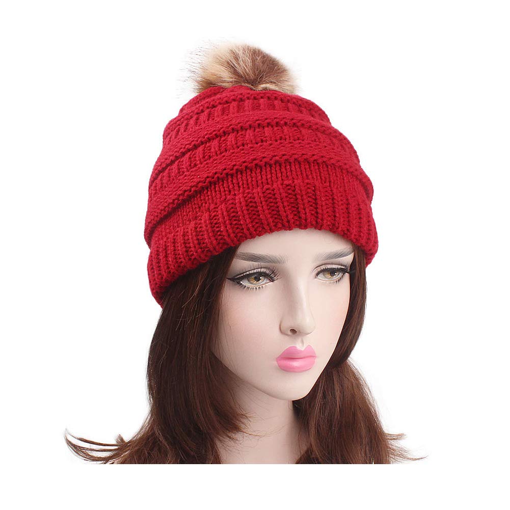 Soft Stretch Cable Knit Ribbed Faux Fur Pom Pom Beanie Hat - Warm Winter Knit Hat for Women & Men - Perfect for Skiing, Snowboarding & Outdoor Activities
