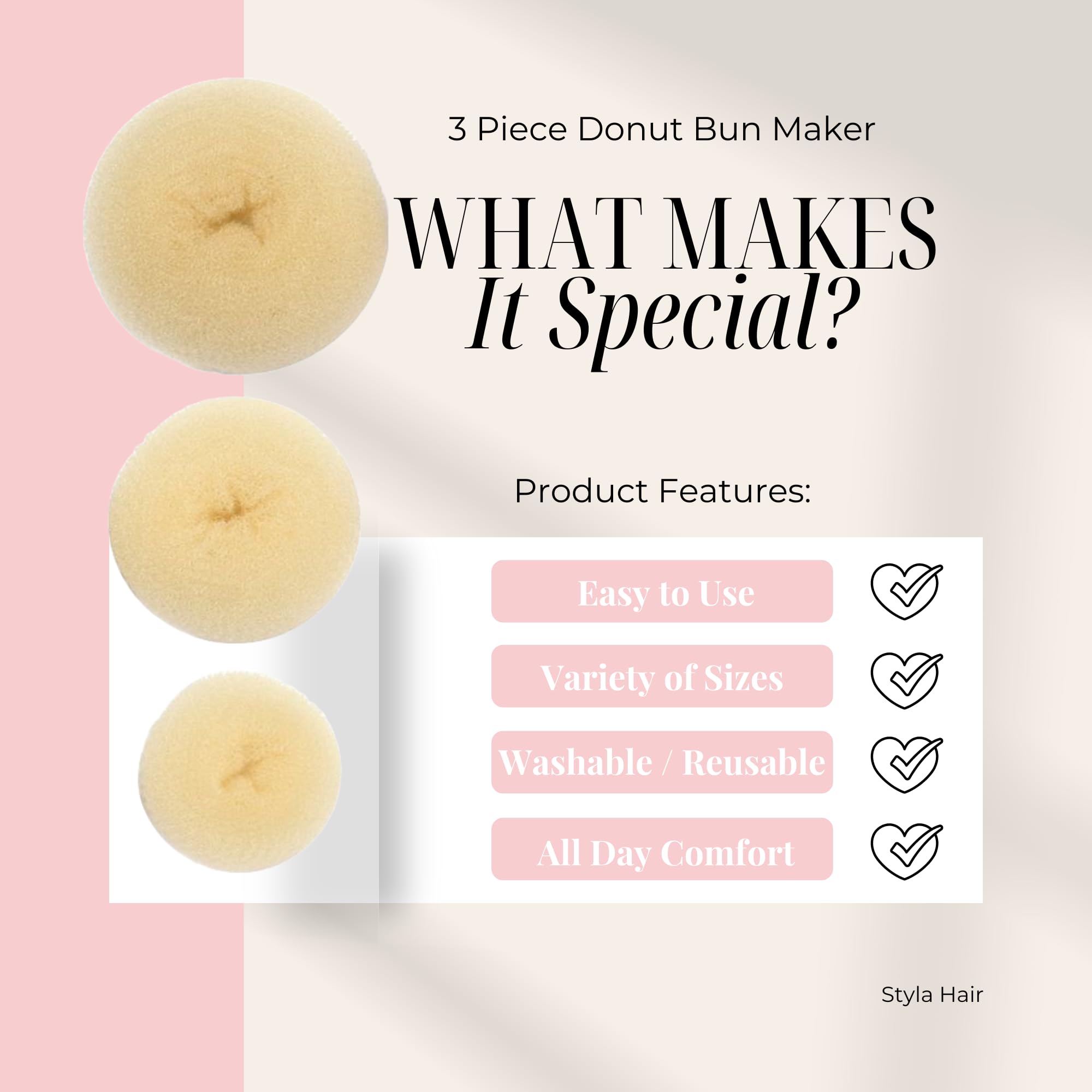 Styla Hair Donut Bun Maker for Kids - 3pc Blonde Hair Buns Maker for Ballet, Sock Bun & Easy Updos - Perfect for Dance Recitals, School & Special Occasions