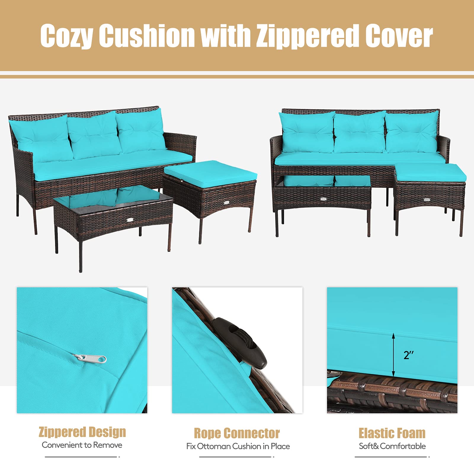 Outdoor Rattan Conversation Set - 3 Piece Patio Furniture with Tempered Glass Coffee Table, 5 Elastic Seat & Back Cushions, Sectional Sofa for Poolside, Balcony, Backyard | Perfect for Relaxing, Entertaining & Outdoor Gatherings
