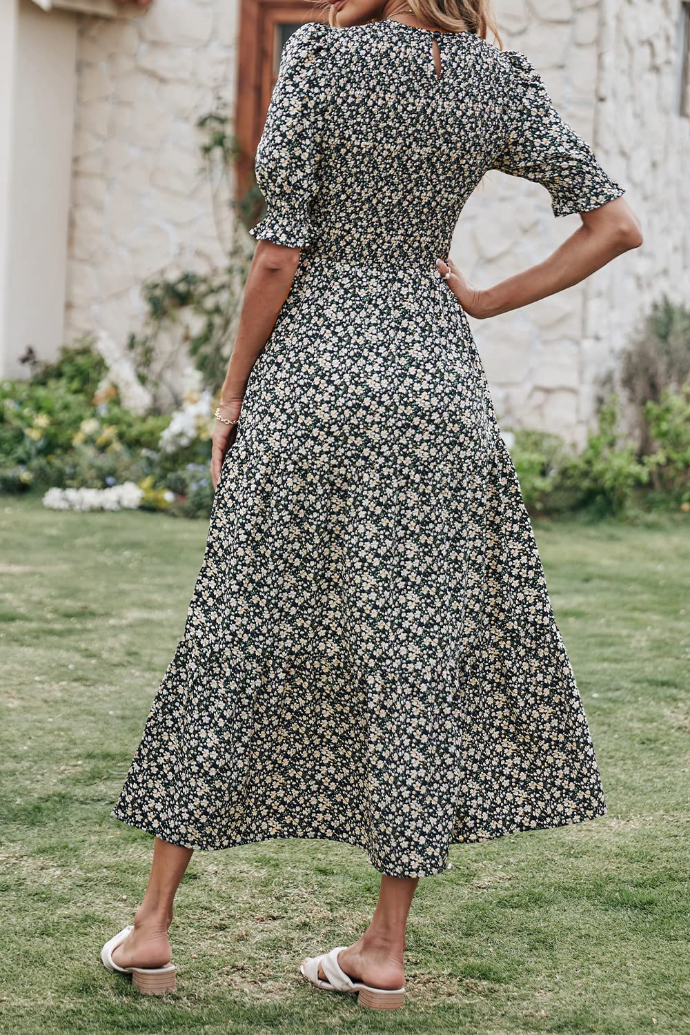 BTFBM Women's Floral Print Boho Maxi Dress - Crew Neck, Ruffle Short Sleeve, Smocked Waist for Summer & Spring 2025 | Perfect for Beach Vacations, Date Nights & Casual Outings