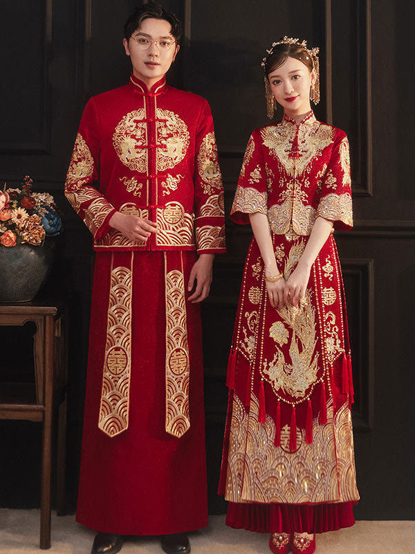 Vintage Embroidered Chinese Wedding Qun Kwa Dress with Pleated Skirt - Traditional Bridal Cheongsam for Asian Ceremonies & Cultural Events