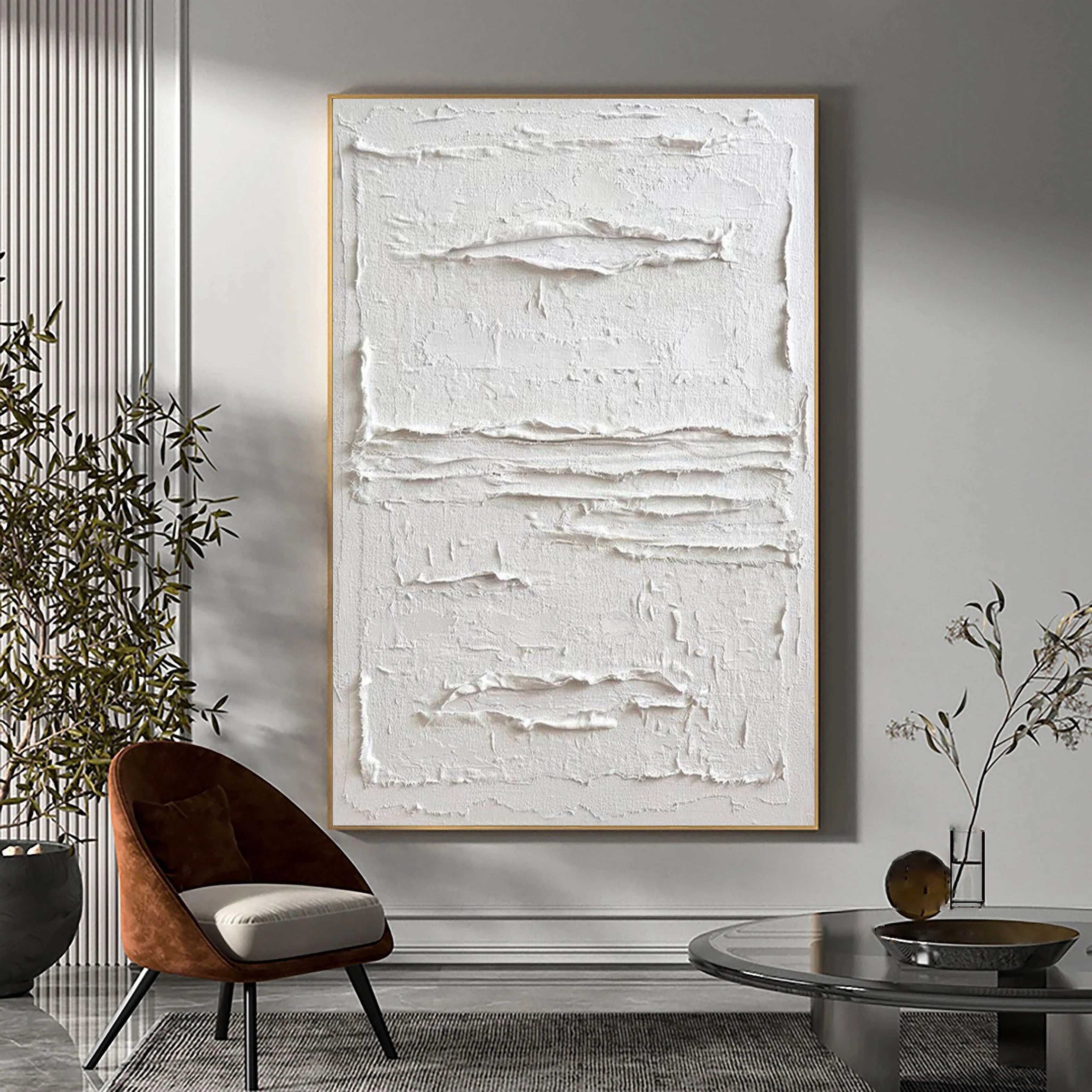 White Minimalist Textured Painting Canvas - Modern Abstract Wall Art for Living Room & Bedroom Decor | Premium Quality Artist Canvas #MM024