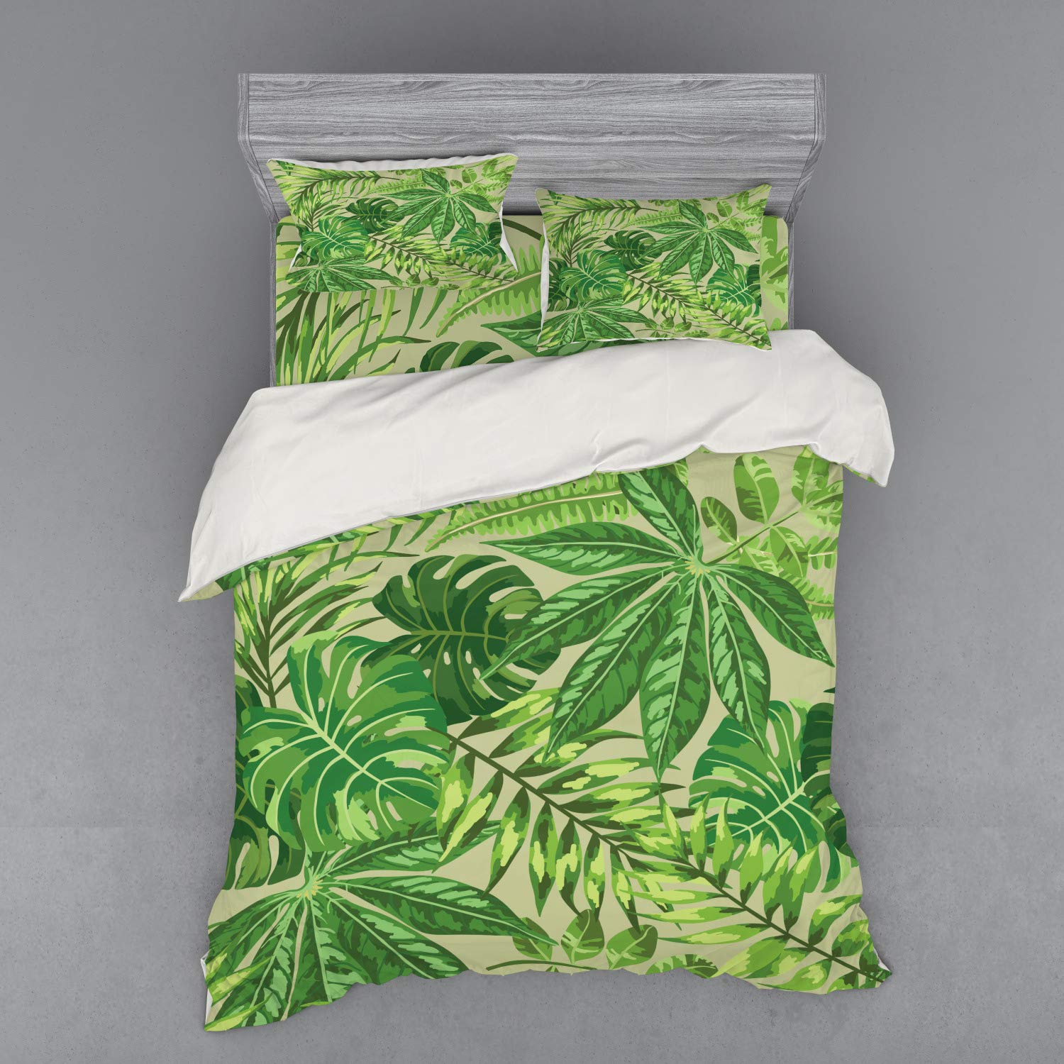 Ambesonne Tropical Leaf Duvet Cover Set - Queen Size 4-Piece Bedding with Shams & Fitted Sheet in Fern Green, Apple Green & Beige | Exotic Jungle Aloha Hawaii Pattern | Perfect for Beach House, Boho Bedroom & Tropical Themed Decor
