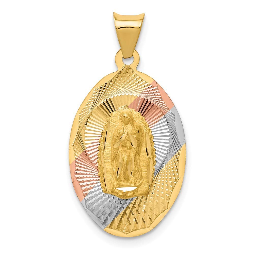 14K Yellow Gold Engravable Lady of Guadalupe Oval Pendant Necklace - Polished & Satin Finish with Rhodium & Sparkle Cut - Religious Jewelry Gift for Women, Baptism, First Communion, Confirmation, Christmas