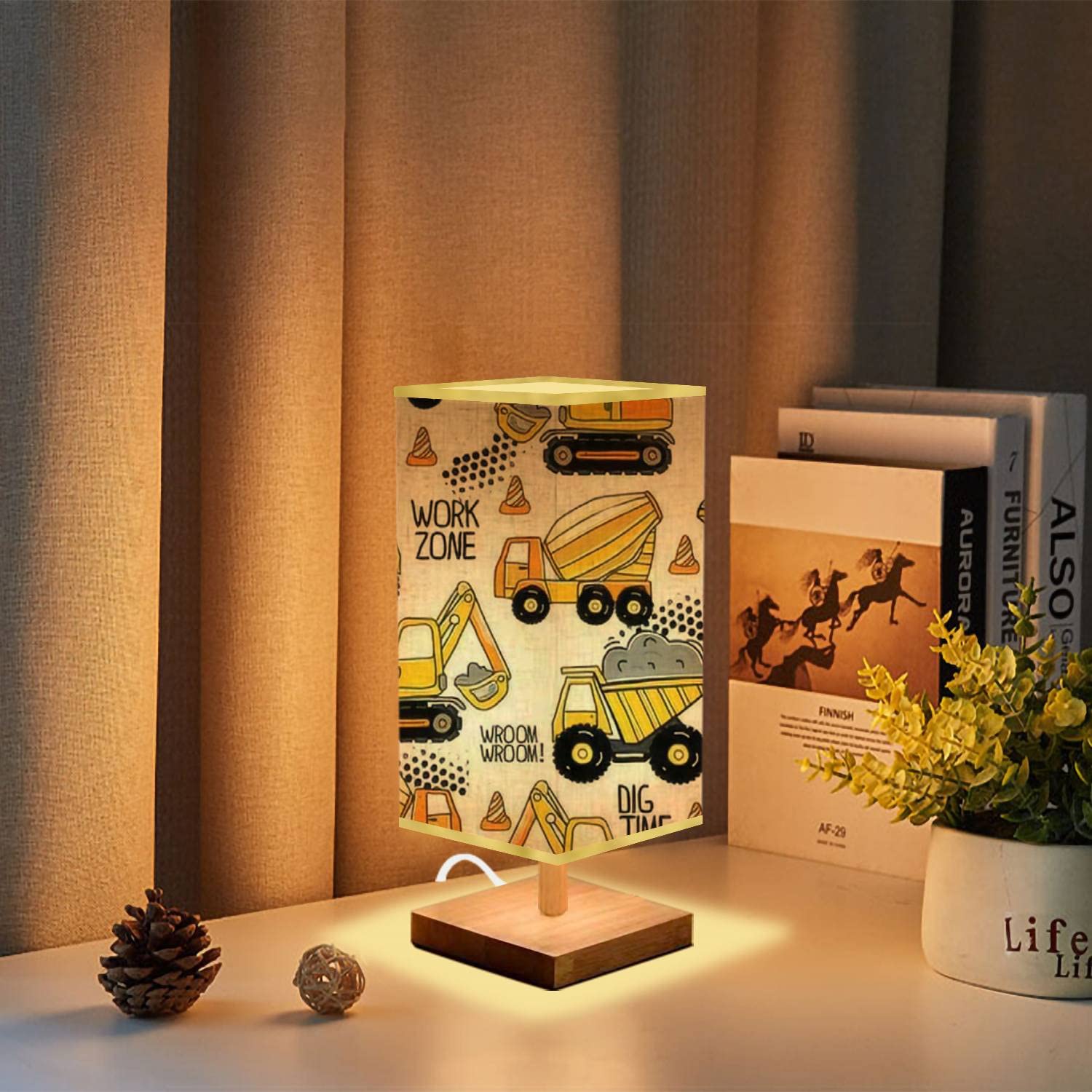 **Hand-Painted Construction Machine Kids Bedside Lamp - Minimalist Wood Base with Rectangular Fabric Shade, Nightstand Lamp for Bedroom, Living Room & Nursery - Perfect for Reading, Decor & Kids' Room Lighting**