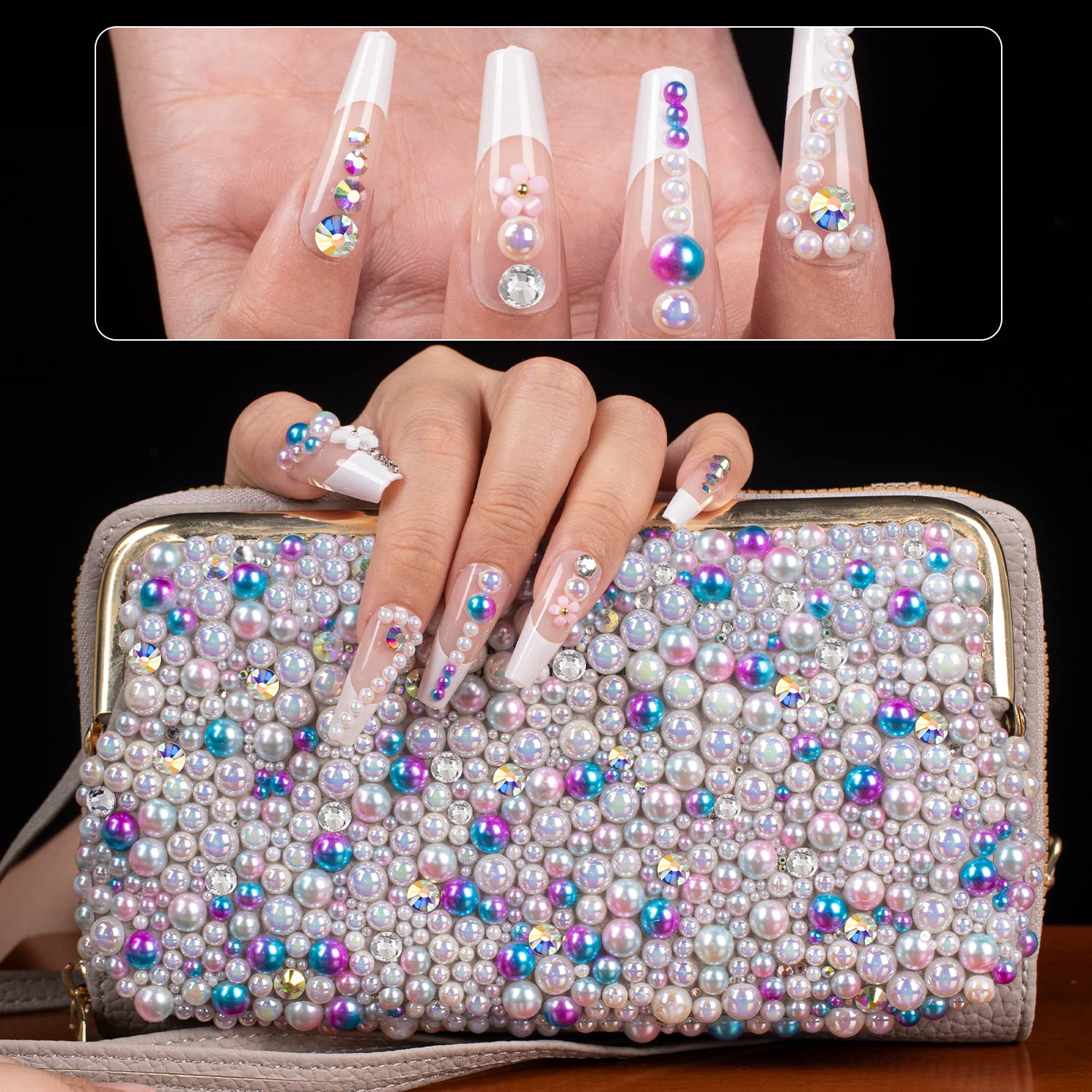 4000PCS Flatback Rhinestones & Half Round Pearls Kit - #16 Multi-Size Clear Glass Crystals, White AB & Beige AB Plastic Dome Beads with Pickup Pencil & Tweezer for Nail Art, DIY Jewelry Making, Scrapbooking, and Craft Projects