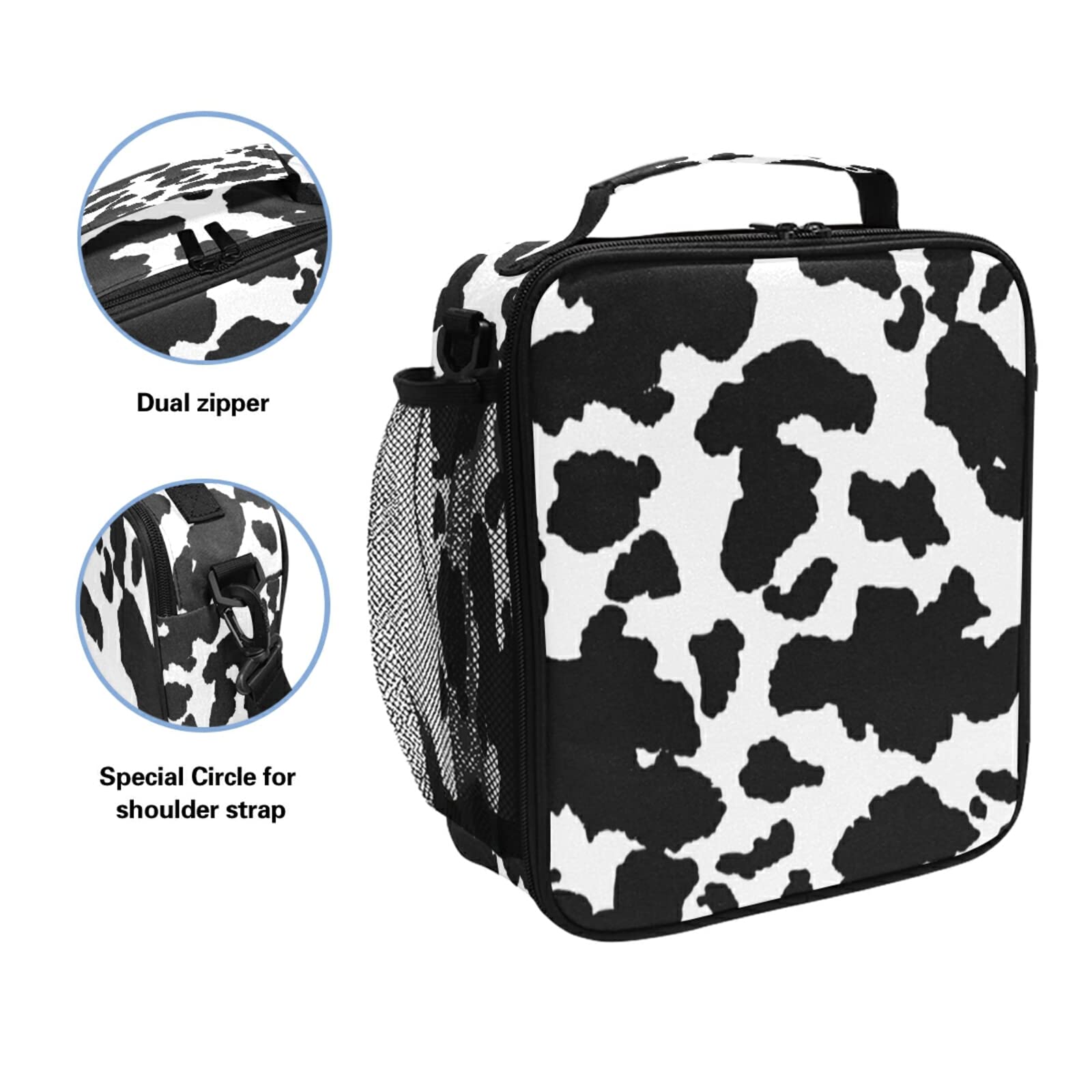 Stylish Black & White Cow Print Insulated Lunch Bag for Women & Men - Leakproof Thermal Cooler Tote with Shoulder Strap - Perfect for School, Office, Work, Picnics & Outdoor Activities