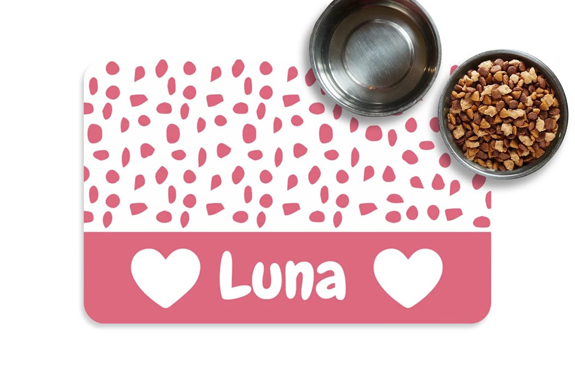 Custom Non-Slip Waterproof Pet Food Mat - Personalized Dog & Cat Bowl Mat with PU Bottom for Floors, Anti-Slip Feeding Mat for Pets (Pink Love) - Perfect for Messy Eaters & Spill Protection in Kitchen or Dining Area