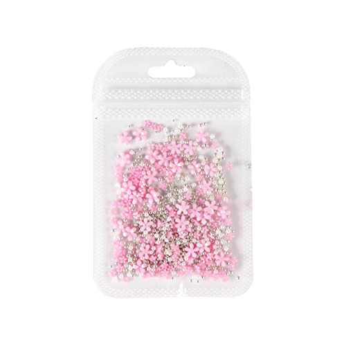 200pcs Silver 5-Petal Flower Nail Charms with Gold Accents & Pink Acrylic Beads - 3D Cute Crystal Nail Art Decorations for DIY Manicure, Wedding, Party Nail Designs