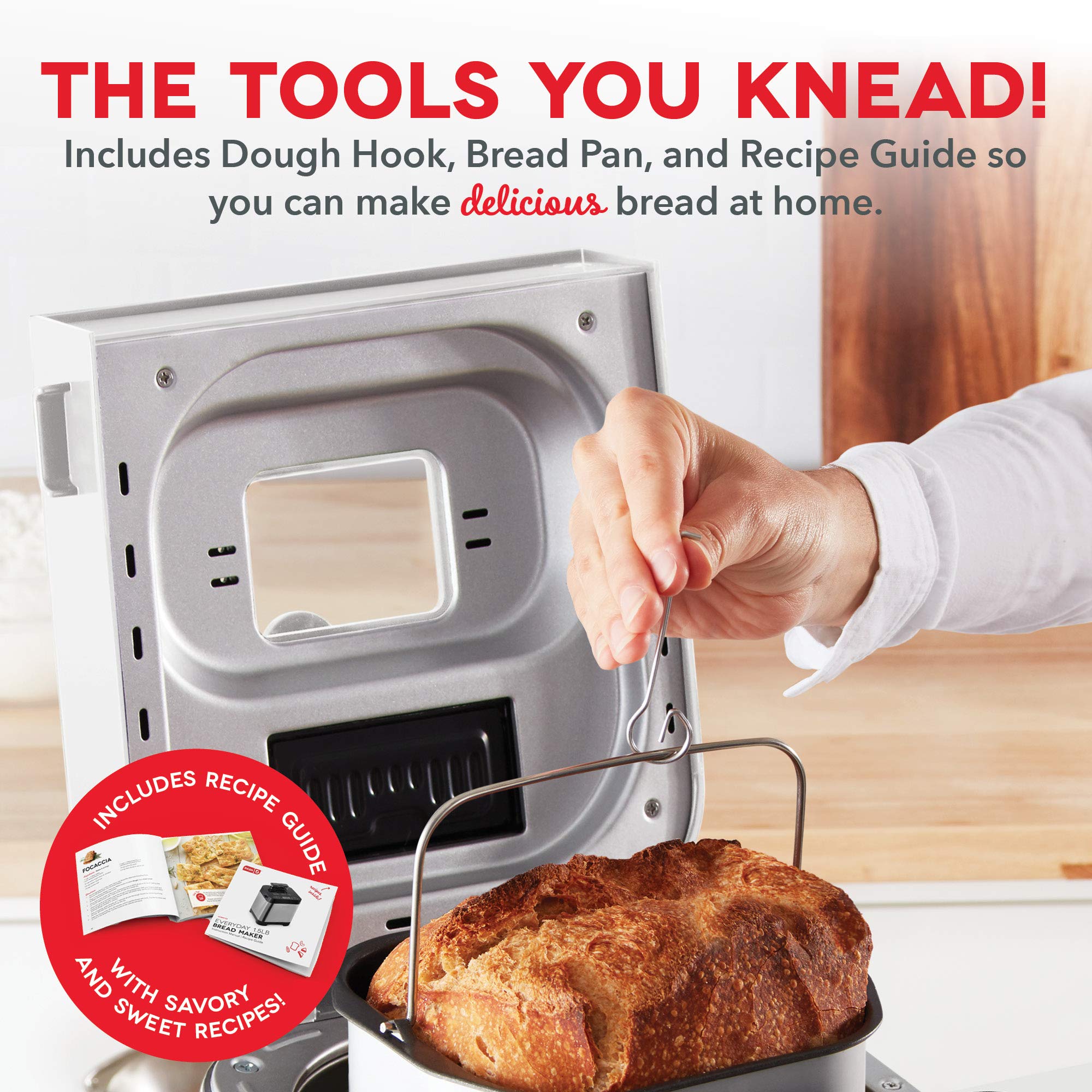 Dash Everyday Stainless Steel Bread Maker - 1.5lb Loaf Capacity, 12 Programmable Settings, Gluten-Free Option & Auto Dispenser | Perfect for Homemade Bread, Artisan Loaves & Gluten-Free Baking (White)