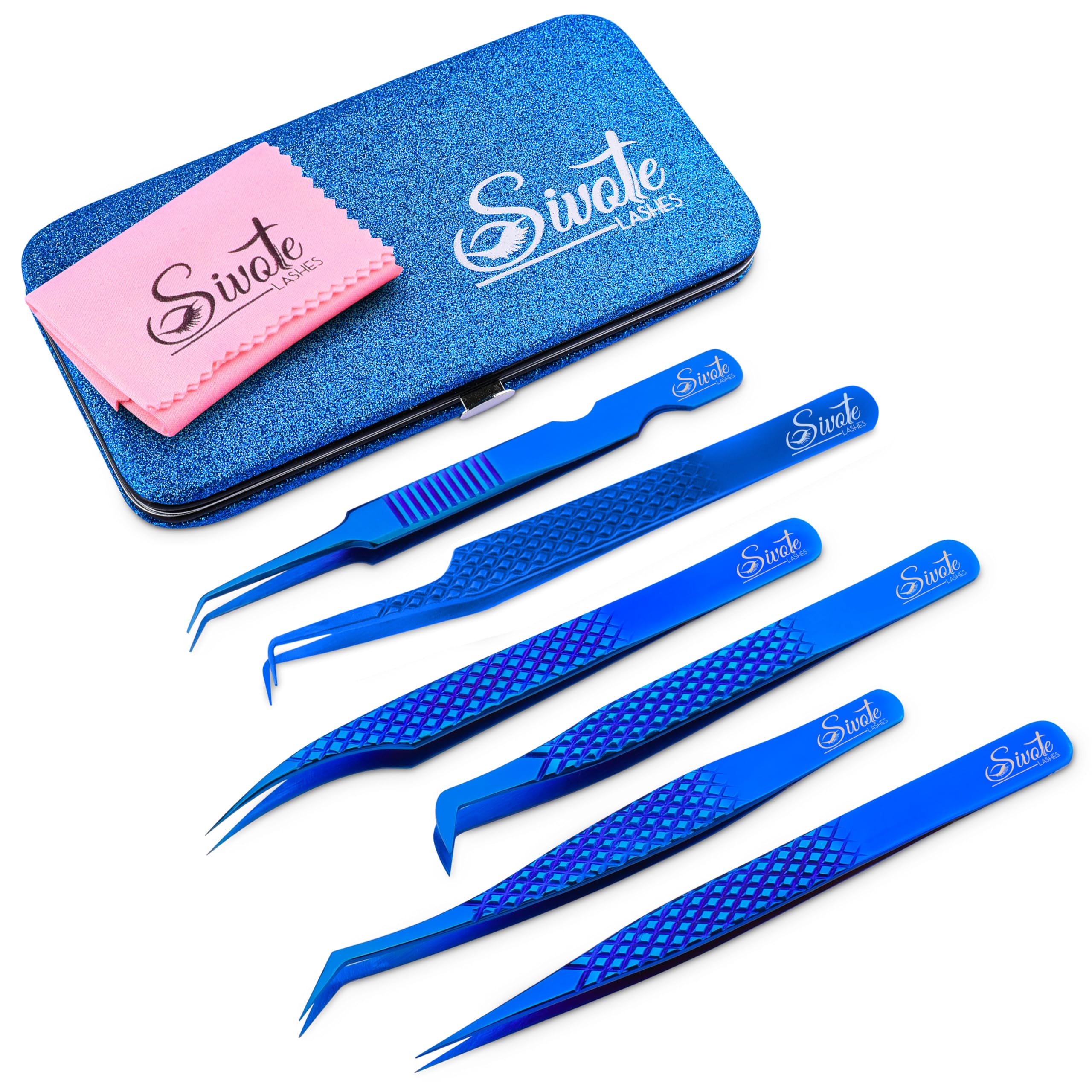 SIVOTE 6-Pack Professional Eyelash Extension Tweezers - Japanese Stainless Steel, Blue - Perfect for Salon, Home Use & DIY Lash Artists