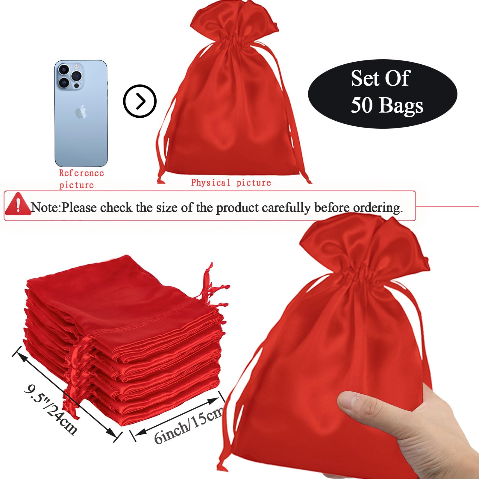 50 Pack 6x9.5 Inch Red Satin Drawstring Gift Bags - Small Jewelry Pouches, Wedding Favors, Baby Shower Party Favors - Perfect for Bridesmaid Gifts, Christmas Stocking Stuffers & Birthday Party Decorations