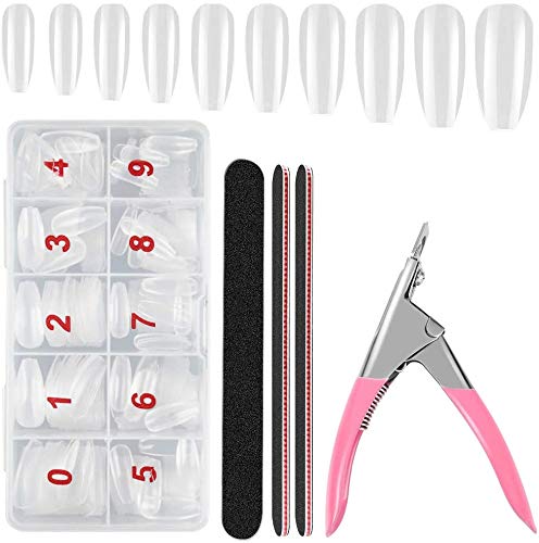 500pcs Long Acrylic Fake Nails - Full Cover Natural Ballerina Nails Tips Kit with Nail Clipper & 3 Nail Files (Clear) | DIY Manicure, Salon Quality, Party & Wedding Nails