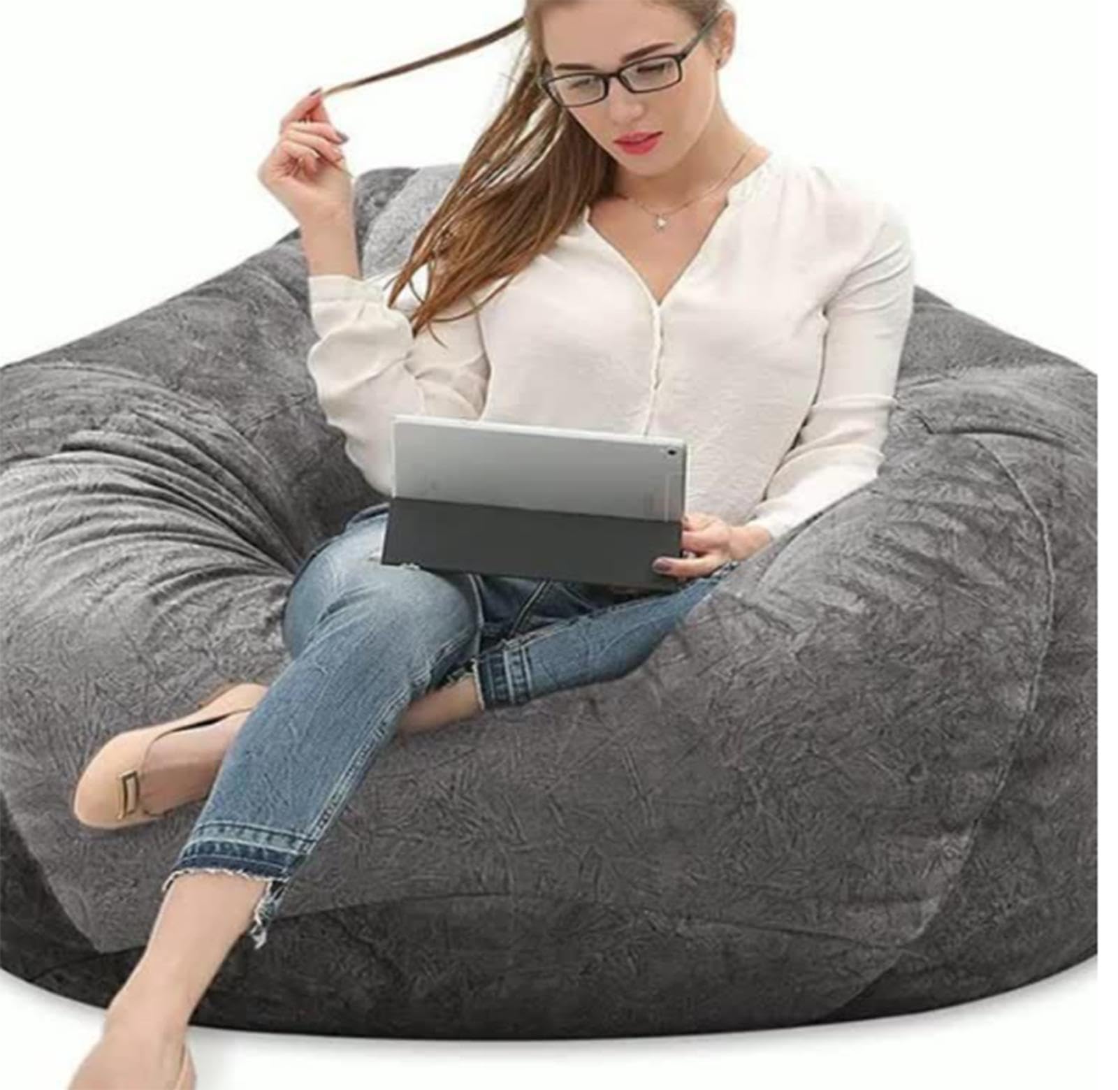 Soft Microsuede Bean Bag Chair Cover for Adults & Teens - Round Fluffy Sofa Cover (90x110cm) for Living Room & Bedroom - Stuffed Animal Storage & Cozy Seating Solution