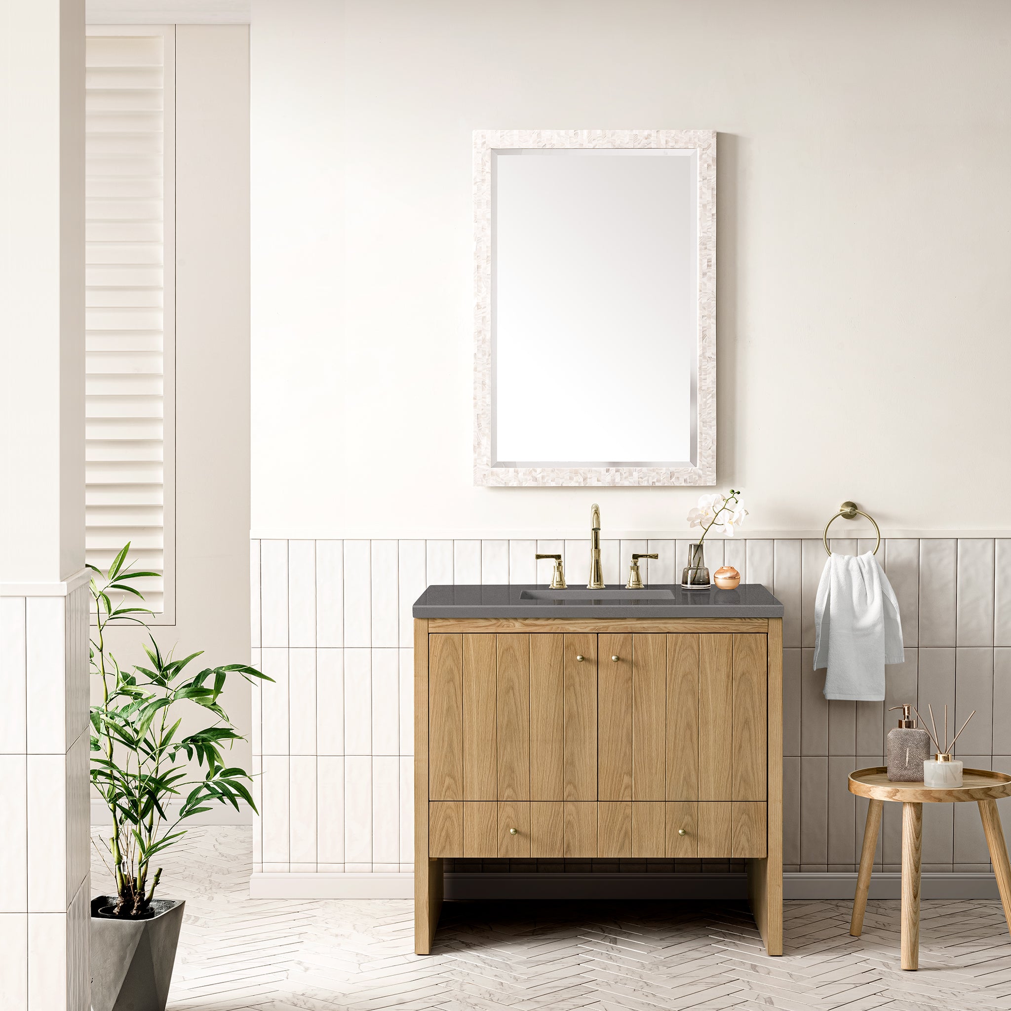 Hudson 36 Inch Single Bathroom Vanity with Light Natural Oak Finish & 3CM Grey Expo Top - Perfect for Modern Home Bathroom Renovation and Small Space Design