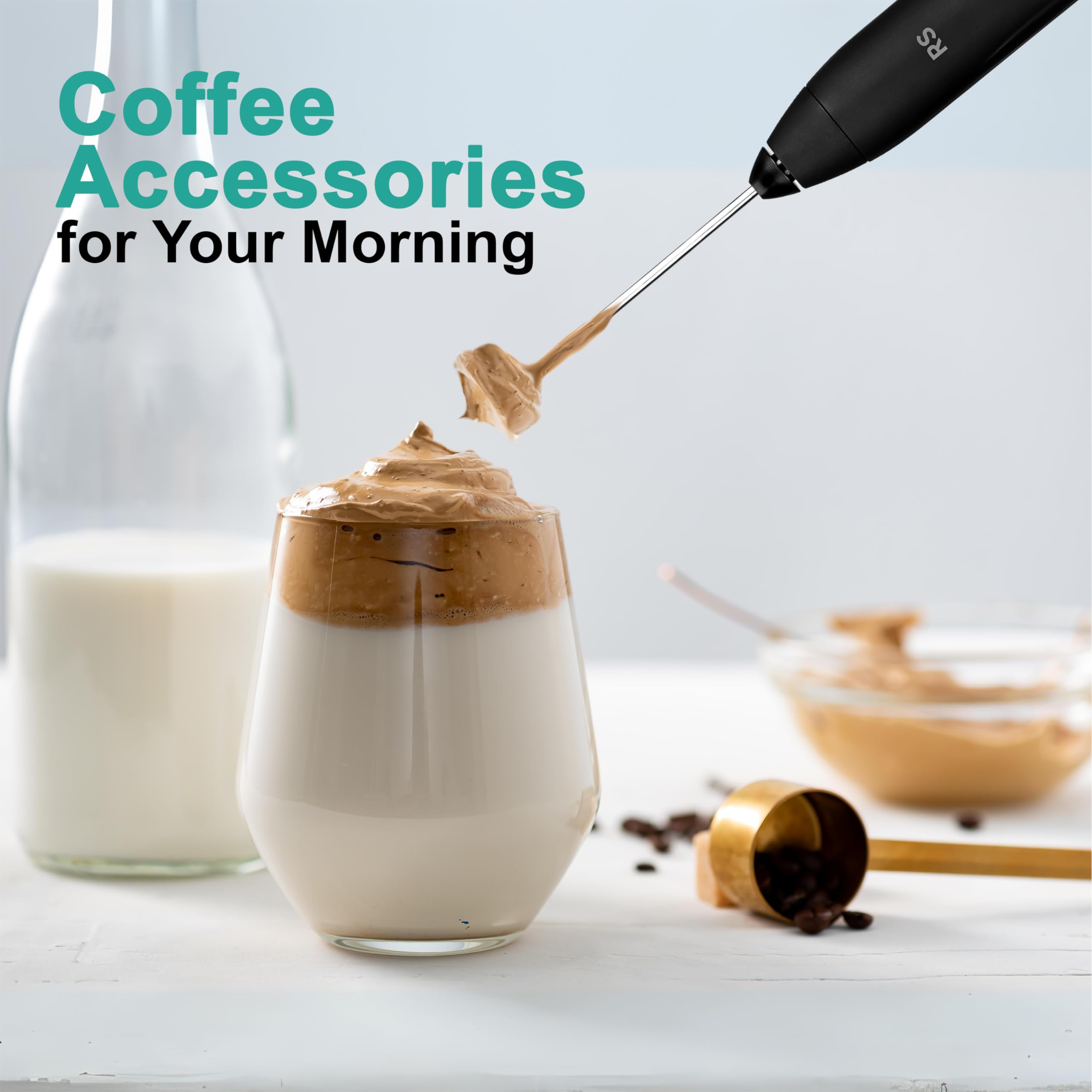 USB Rechargeable Milk Frother and Whisk Set with Stainless Steel Attachments - 5 Coffee Stencils Included | Handheld Electric Milk Frother for Lattes, Cappuccinos & Hot Chocolate | Perfect for Home, Office & Coffee Shops | Black