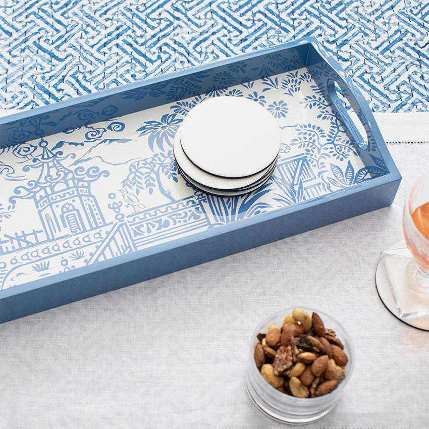 Caspari Pagoda Toile Blue Lacquer Bar Tray - Elegant Serving Tray for Cocktails, Drinks & Home Decor | Perfect for Entertaining, Parties & Luxury Home Accessories