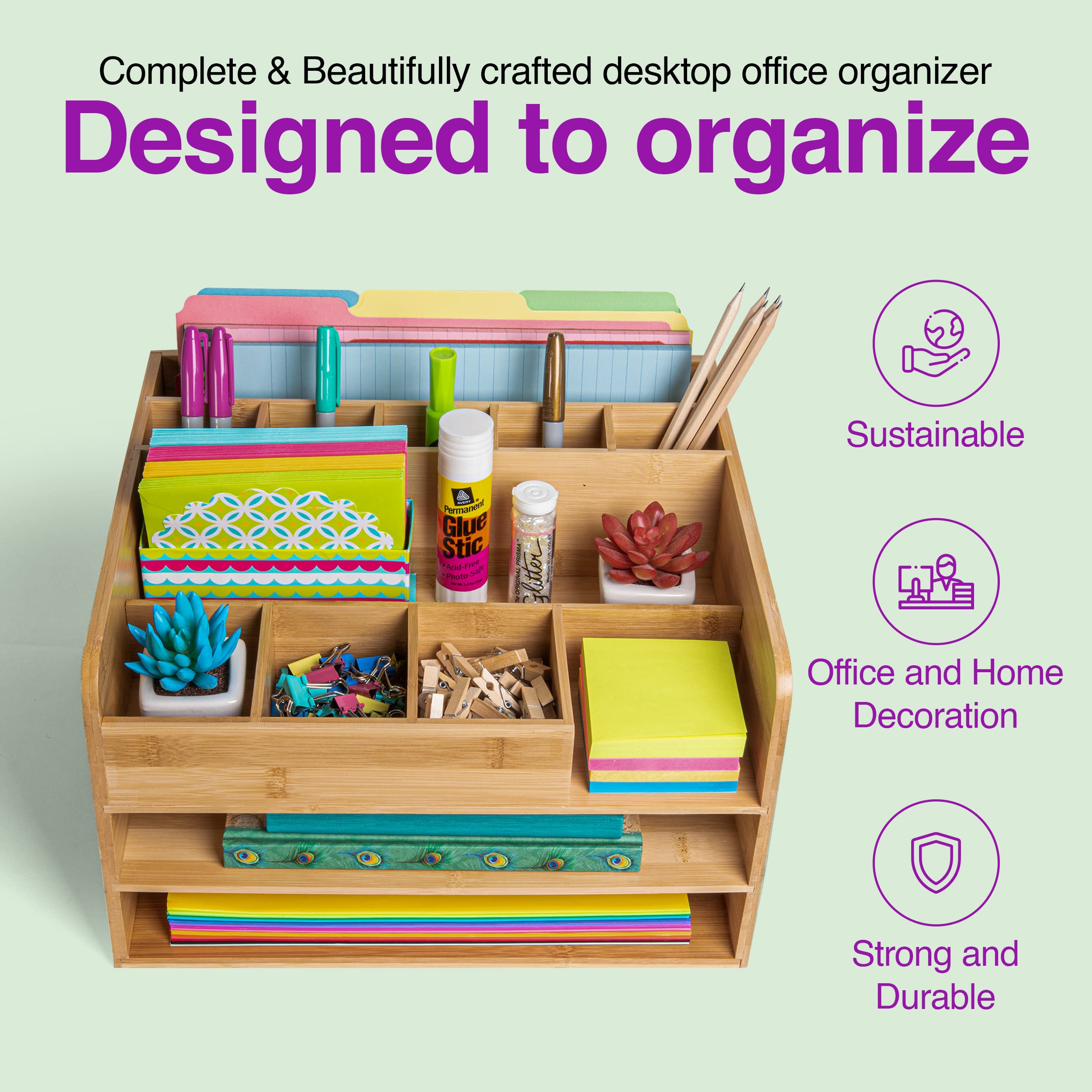 Premium Bamboo Wood Desk Organizer - 2-Tier File Trays & Storage Bins for Vertical Files, Pens, Notepads & Office Supplies | Perfect for Home Office, Study & Workspace Organization
