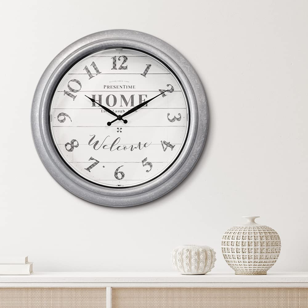 Presentime & Co 18 Inch Vienna Modern Farmhouse Wall Clock - Indoor/Outdoor Shiplap Style with Galvanized Silver Finish & Smart Sensor Night Light - Perfect for Living Room, Bedroom, Patio, and Garden Decor
