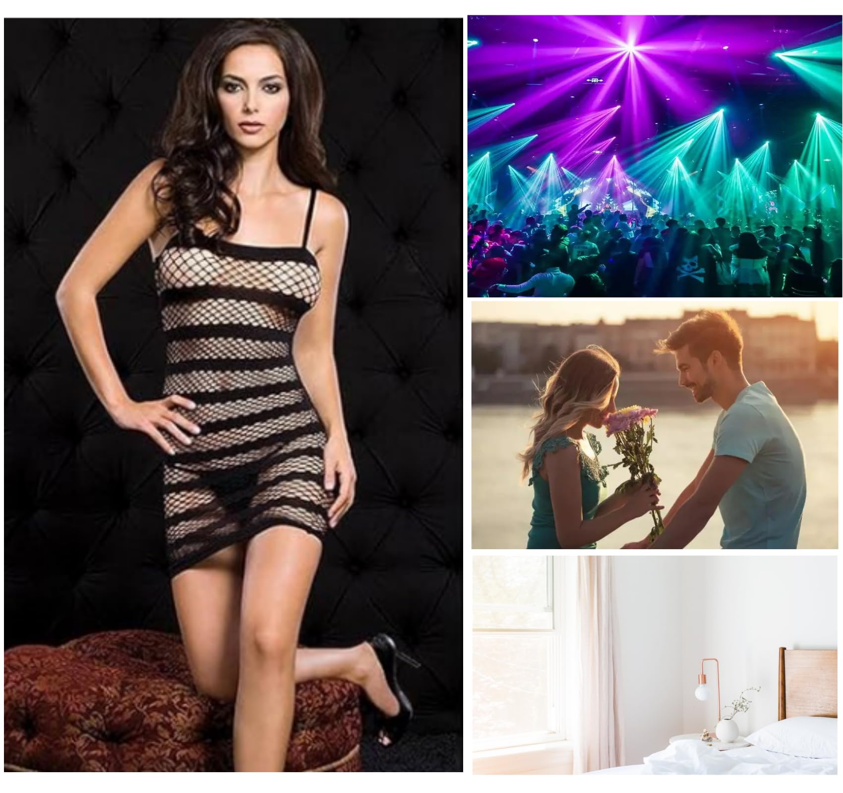 Sexy Black Fishnet Mini Dress for Women - Sheer Mesh Lingerie, Transparent Striped Babydoll Nightgown, Sleeveless Stretch Underwear Skirt Bodysuit - Perfect for Night Out, Boudoir Photoshoot & Romantic Occasions