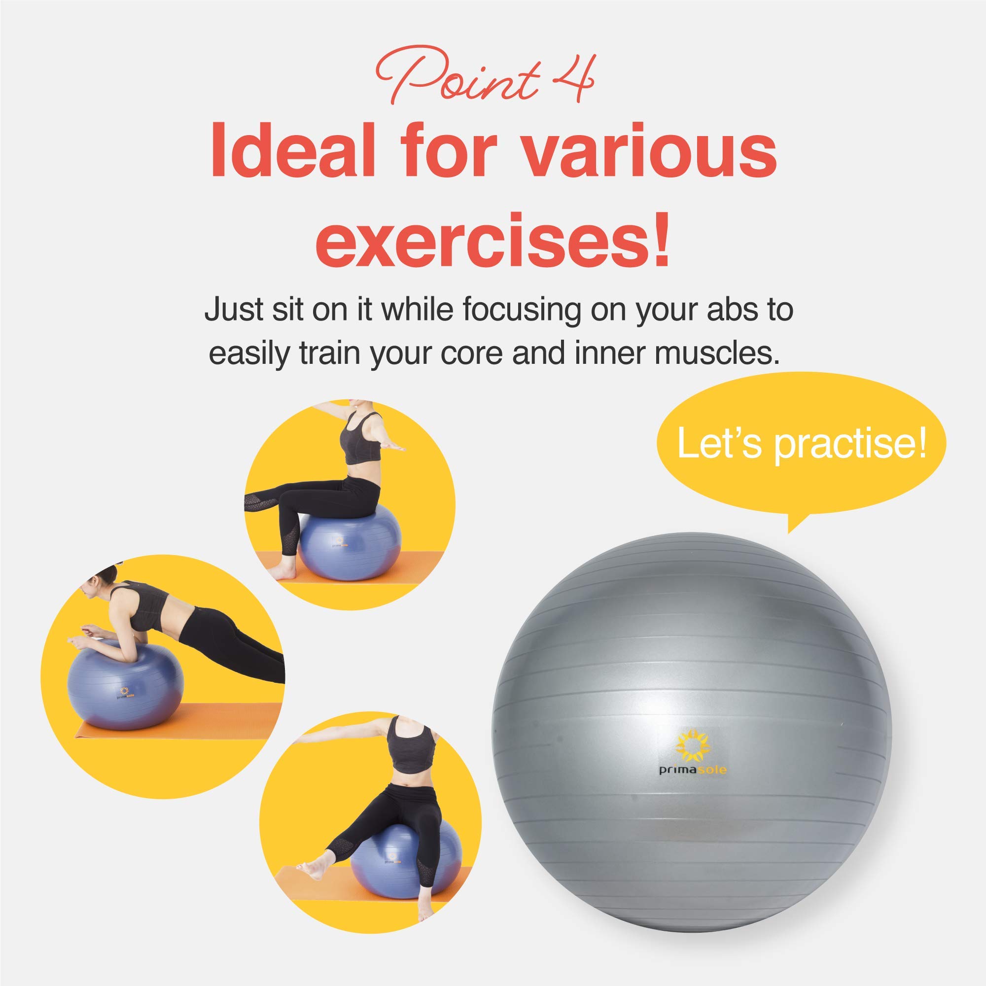Primasole Exercise Ball for Stability, Core Strength & Fitness - Anti-Burst Yoga Ball for Home Workouts, Pilates, Office Chair & Pregnancy - Perfect for Gym, Physical Therapy & Postpartum Recovery