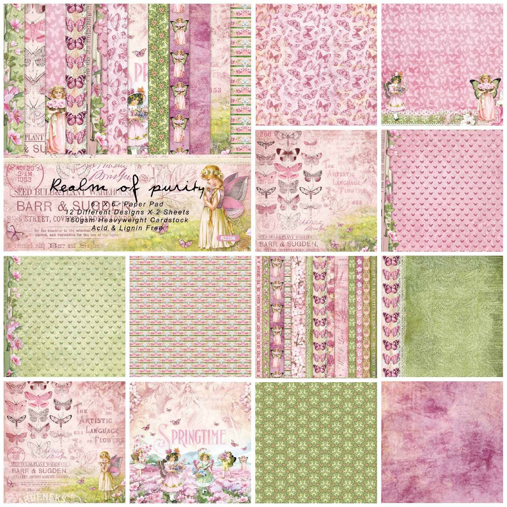 6x6 Floral Scrapbook Paper Pack - 48 Sheets Butterfly Pattern Cardstock, 12 Spring Designs, Single-Sided Specialty Craft Paper for DIY Cards, Journals, Scrapbooking (Green/Pink) - Perfect for Spring Crafts, Wedding Invitations & Home Decor