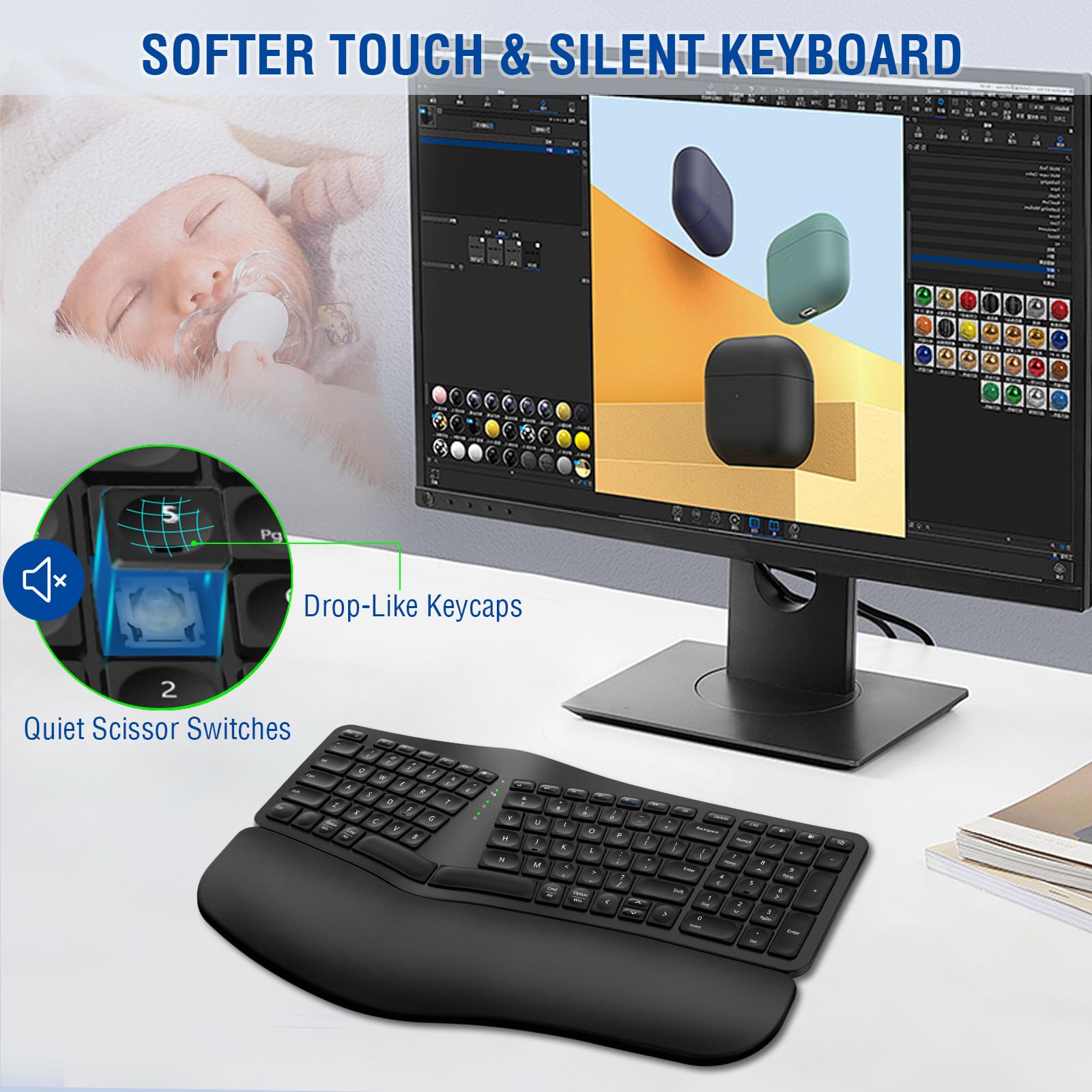 Ergonomic Wireless Keyboard - Rechargeable Bluetooth & 2.4G Split Keyboard with Cushioned Wrist Rest for Windows Mac Android iOS - Multi-Device Comfort Typing for Office, Gaming & Home Use