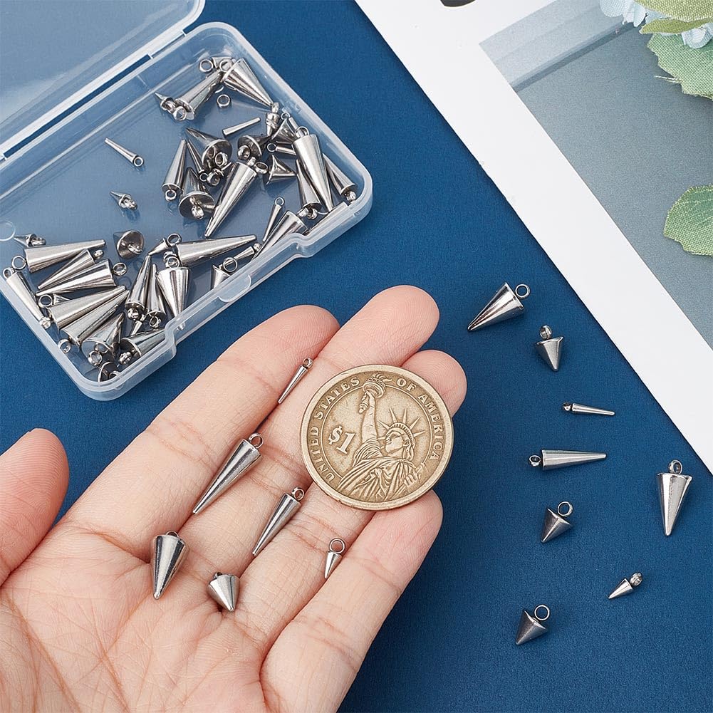 UNICRAFTALE 60pcs Stainless Steel Cone Charms - 6 Sizes Hypoallergenic Punk Style Spiked Pendants for DIY Jewelry Making (Necklace, Earrings, Bracelet) - Perfect for Gothic, Boho, and Rock Fashion Accessories