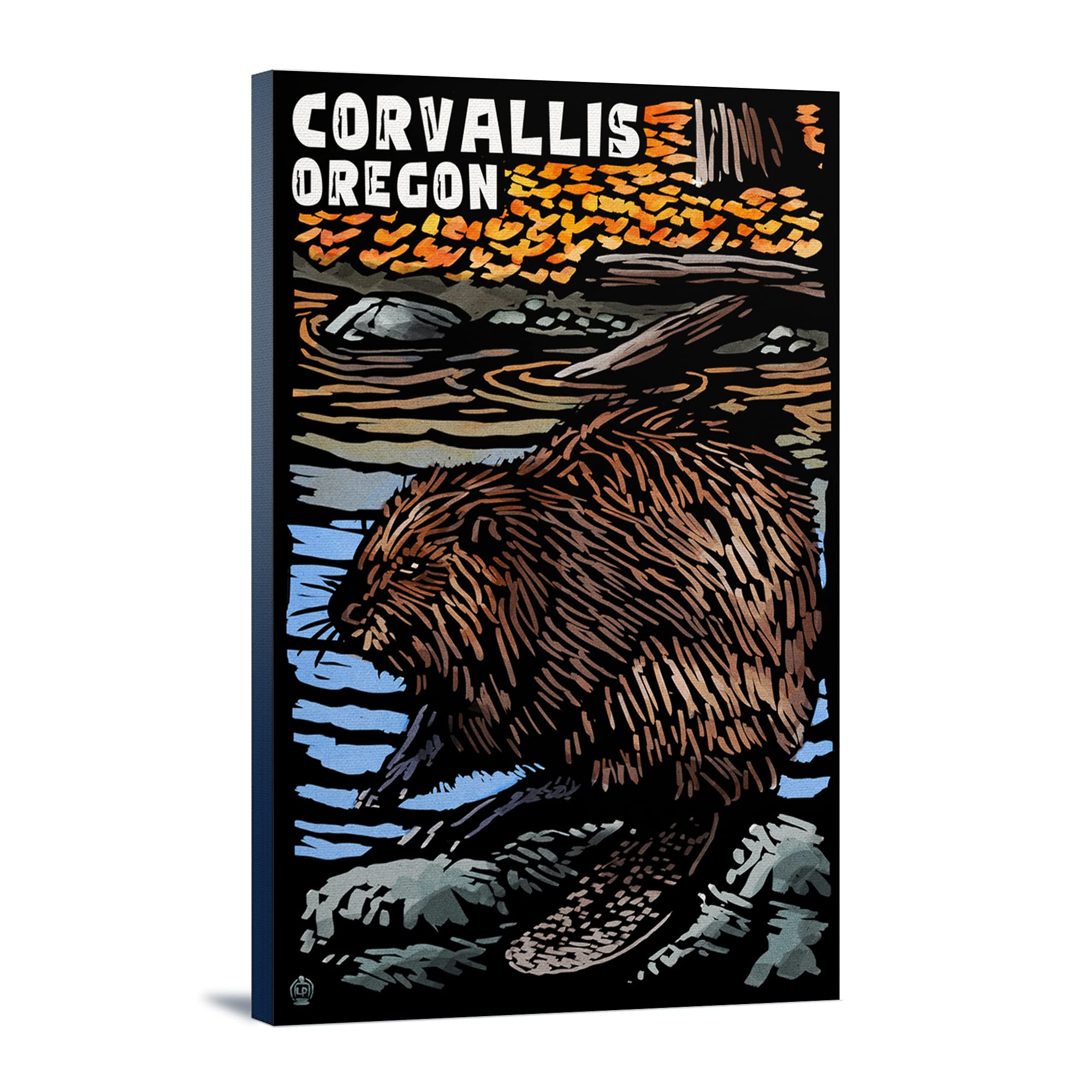 Lantern Press Corvallis Oregon Beaver Scratchboard Art - 12x18 Wrapped Canvas Wall Decor for Living Room, Bedroom & Office
