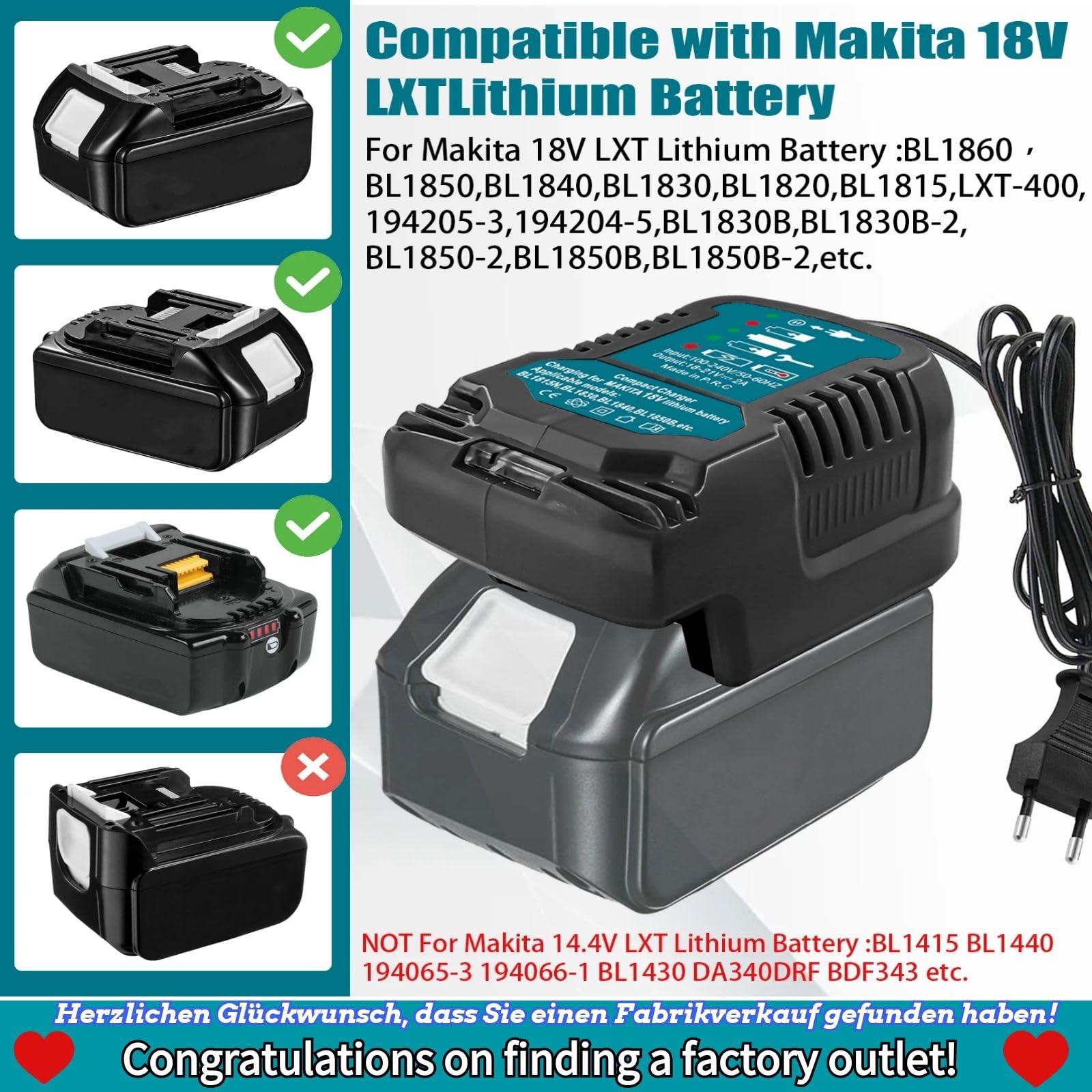 Makita 18V BL1850B BL1860 BL1830 BL1815 Battery Charger Replacement - DC18RC 18V Fast Charger, Compact Portable Power Tool Charger (For 18V Batteries Only) - Ideal for Construction Sites, DIY Projects & Home Workshops