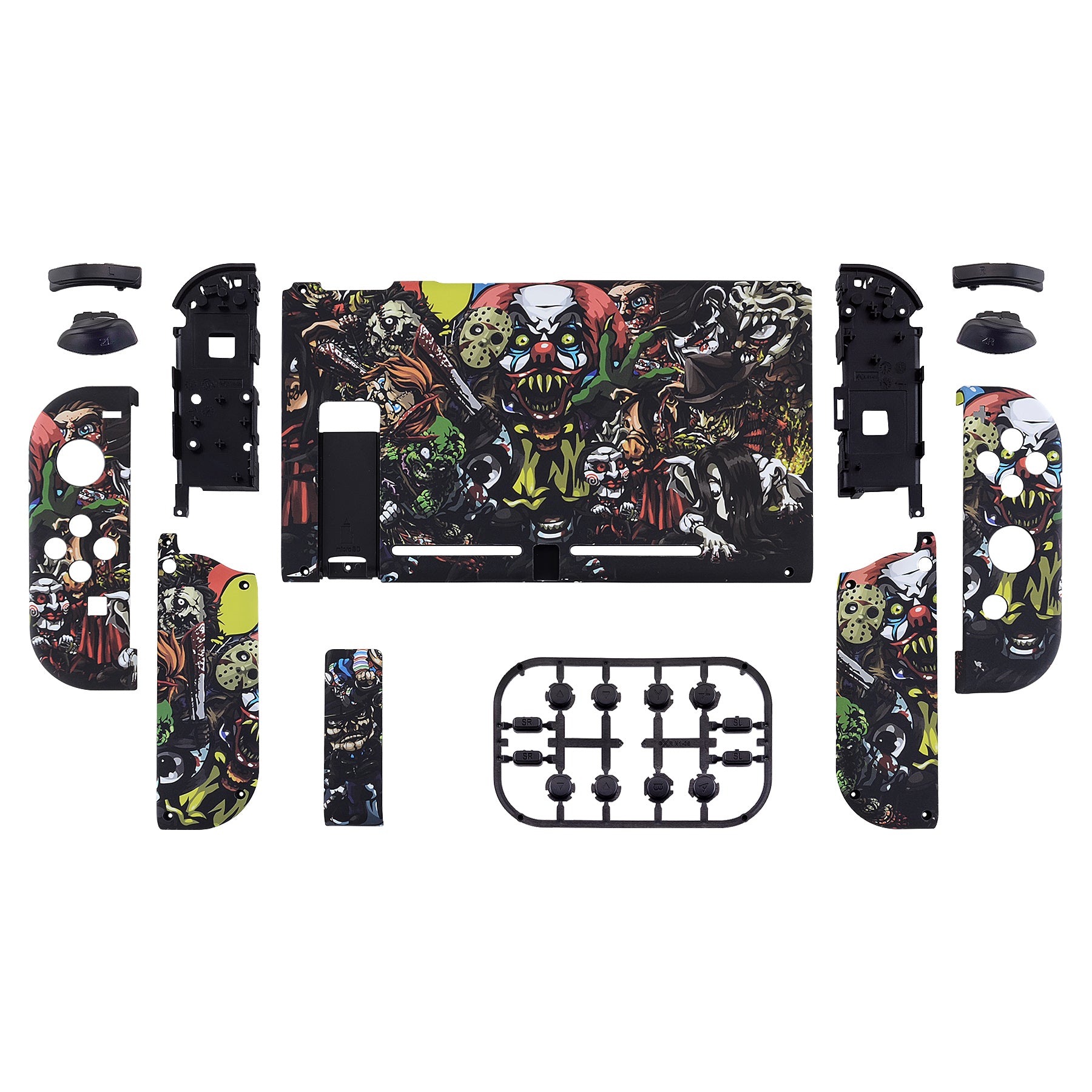 eXtremeRate Soft Touch Scary Party Pattern Joycon Controller Shell with Full Button Set - DIY Replacement Back Plate for Nintendo Switch - Perfect for Halloween Gaming & Custom Console Mods