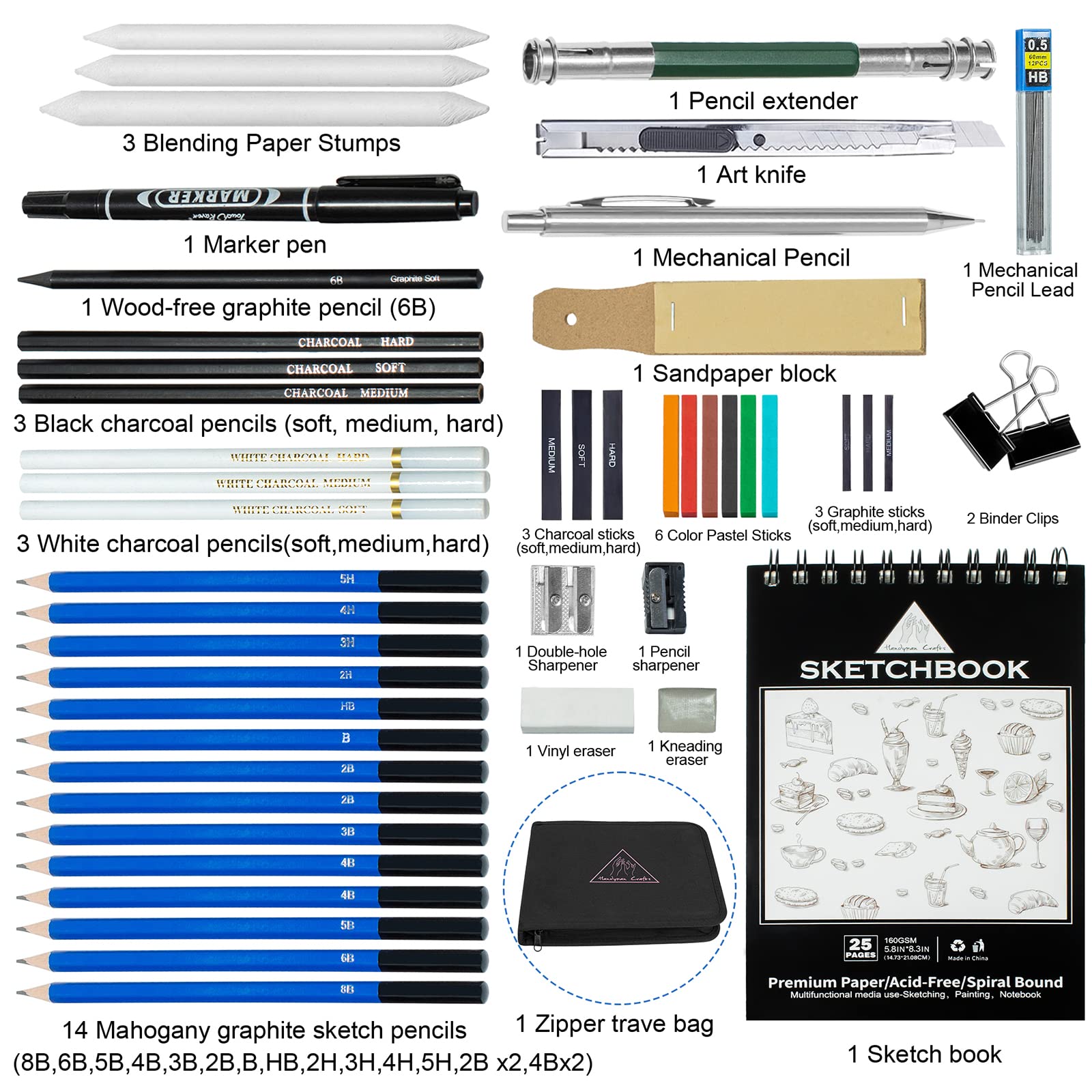 50-Piece Professional Sketching Drawing Pencils Set - Graphite, Charcoal & Sketch Book Art Supplies in Black Zipper Case - Perfect for Adults, Teens & Kids 9-12 - Ideal for Sketching, Shading, Doodling & Art Projects