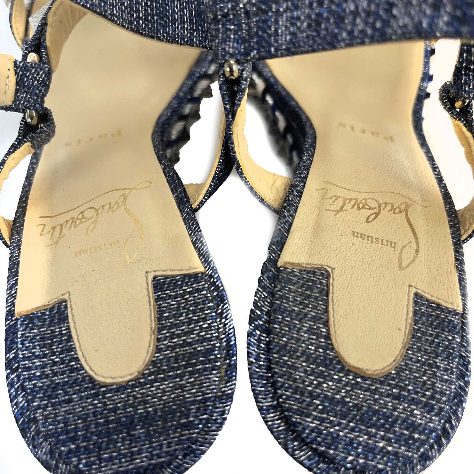 Christian Louboutin Pyraclou Spike Denim Wedge Sandals Women's Size 39 (US 9) - Stylish High Heel Shoes for Parties, Weddings & Evening Events