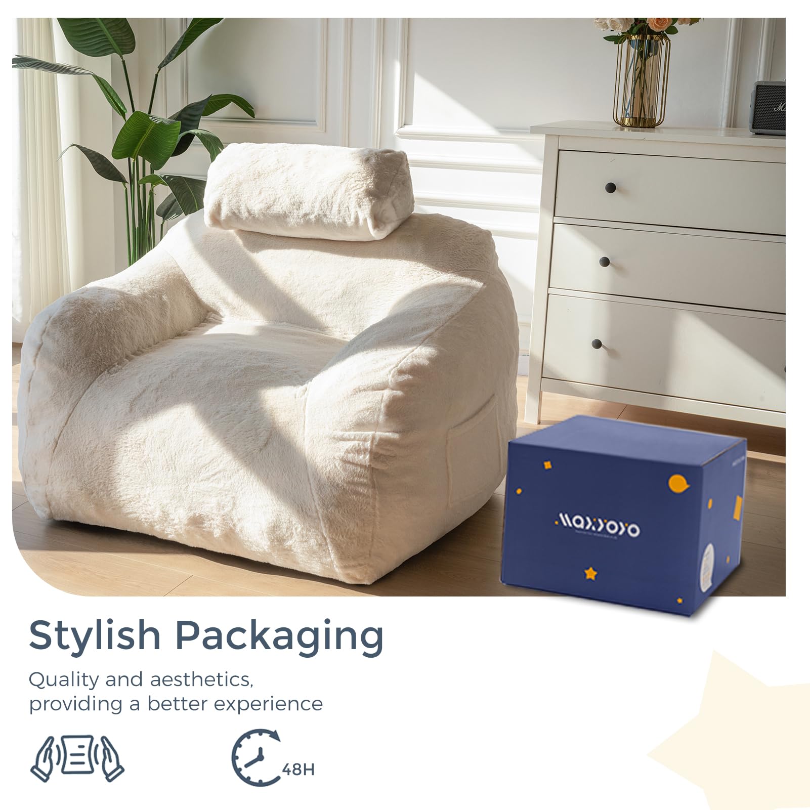 MAXYOYO Giant Bean Bag Chair with Pillow - Ultra Soft Faux Fur Fabric, Extra Large Fluffy Lounger for Adults & Teens - Perfect for Reading, Gaming & Relaxing in Bedroom, Living Room or Dorm - Beige