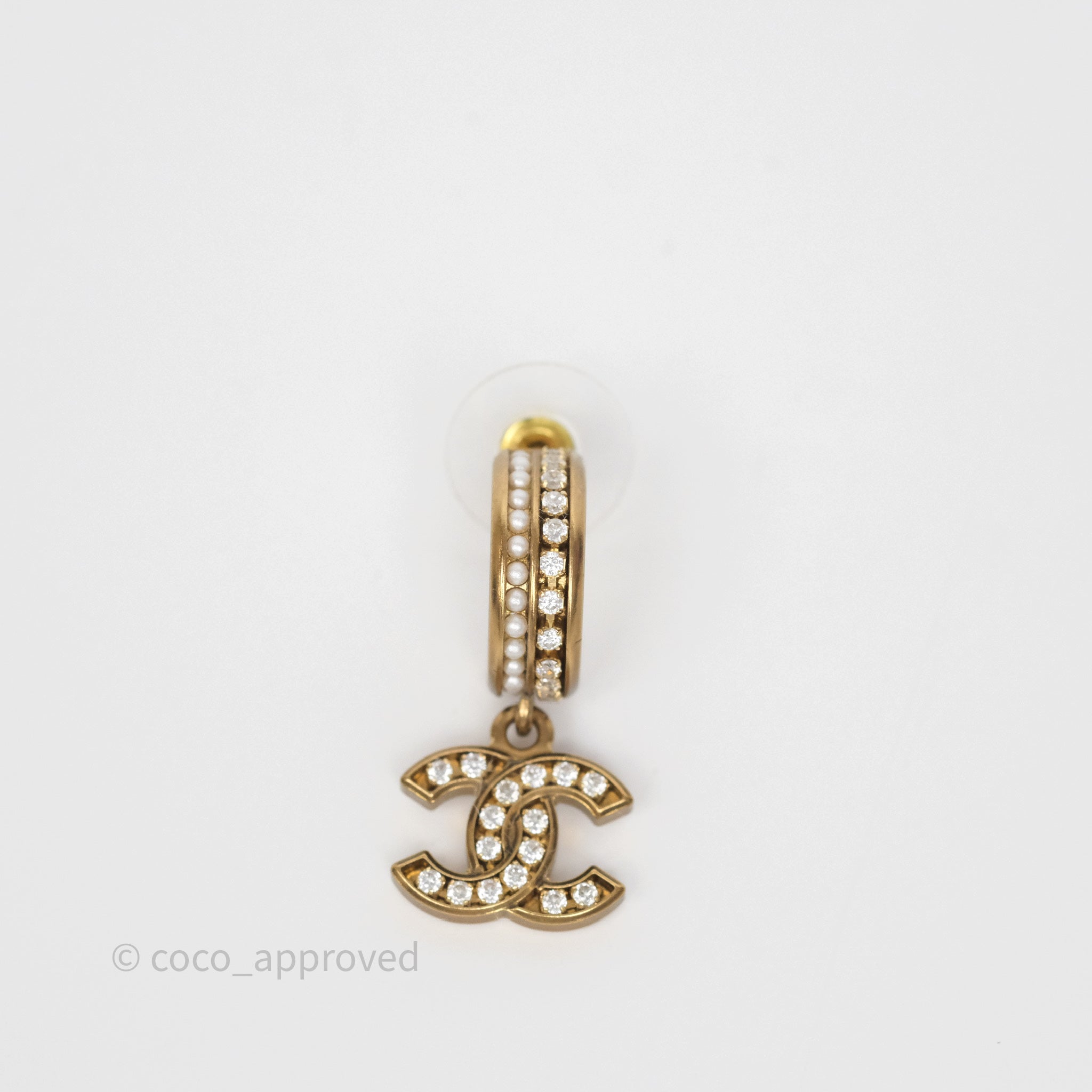 Chanel CC Crystal Pearl Hoop Earrings Gold Tone 21C - Luxury Fashion Jewelry for Women, Elegant Pearl & Crystal Design - Perfect for Parties, Weddings & Special Occasions