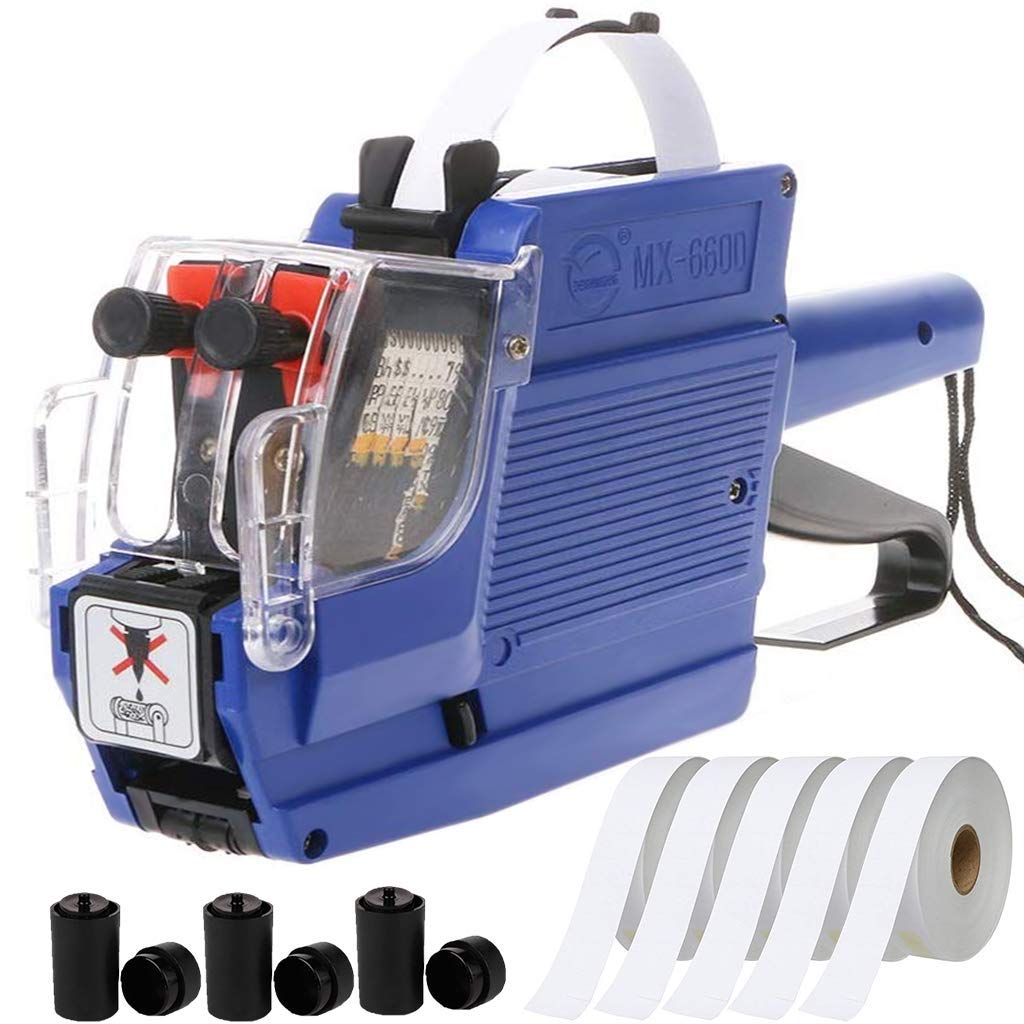 HC Kenshin MX6600 Label Maker Machine - 2 Line 20 Bit Price Tag Gun with 5 Roll Labels & 3 Blue Ink Rolls | Commercial Label Printer for Retail Stores, Warehouses & Office Organization | Perfect for Pricing, Barcoding & Product Labeling