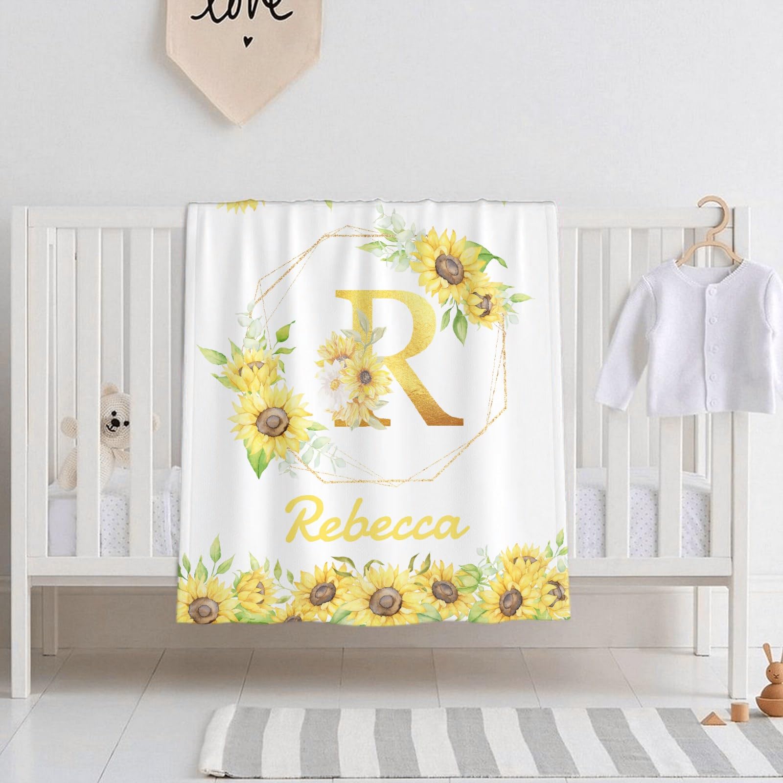Personalized Baby Blankets for Girls & Boys - Custom Name Baby Blanket | Soft Cozy Fleece Throw Quilt for Newborns & Toddlers | XL Size Sunflower Design Baby Gift for Shower, Christening & Family Keepsake