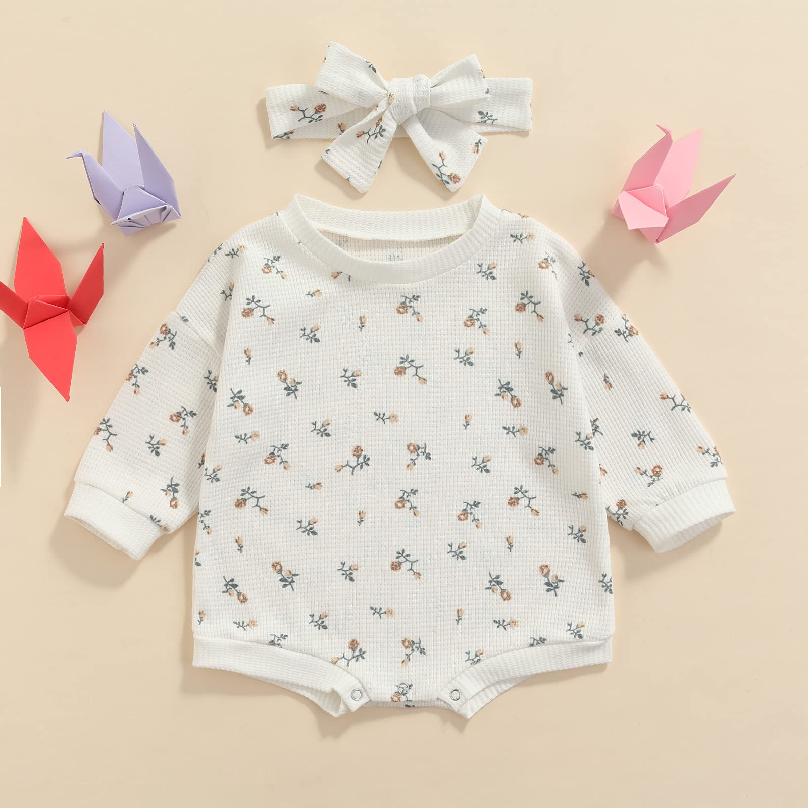 2-Pack Baby Girls' Floral Crewneck Sweatshirt Romper - Soft Knit Waffle Long Sleeve Bodysuit for Infants 0-24 Months | Perfect for Playdates, Photo Shoots & Everyday Comfort