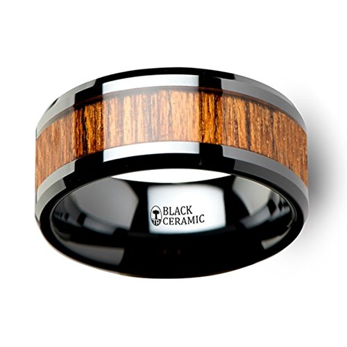 Genuine Koa Wood & Black Ceramic Men's Wedding Band - 12mm Wide Beveled Edge Ring for Him, Handcrafted Hawaiian Acacia Wood Inlay - Perfect for Anniversaries, Engagements & Special Occasions